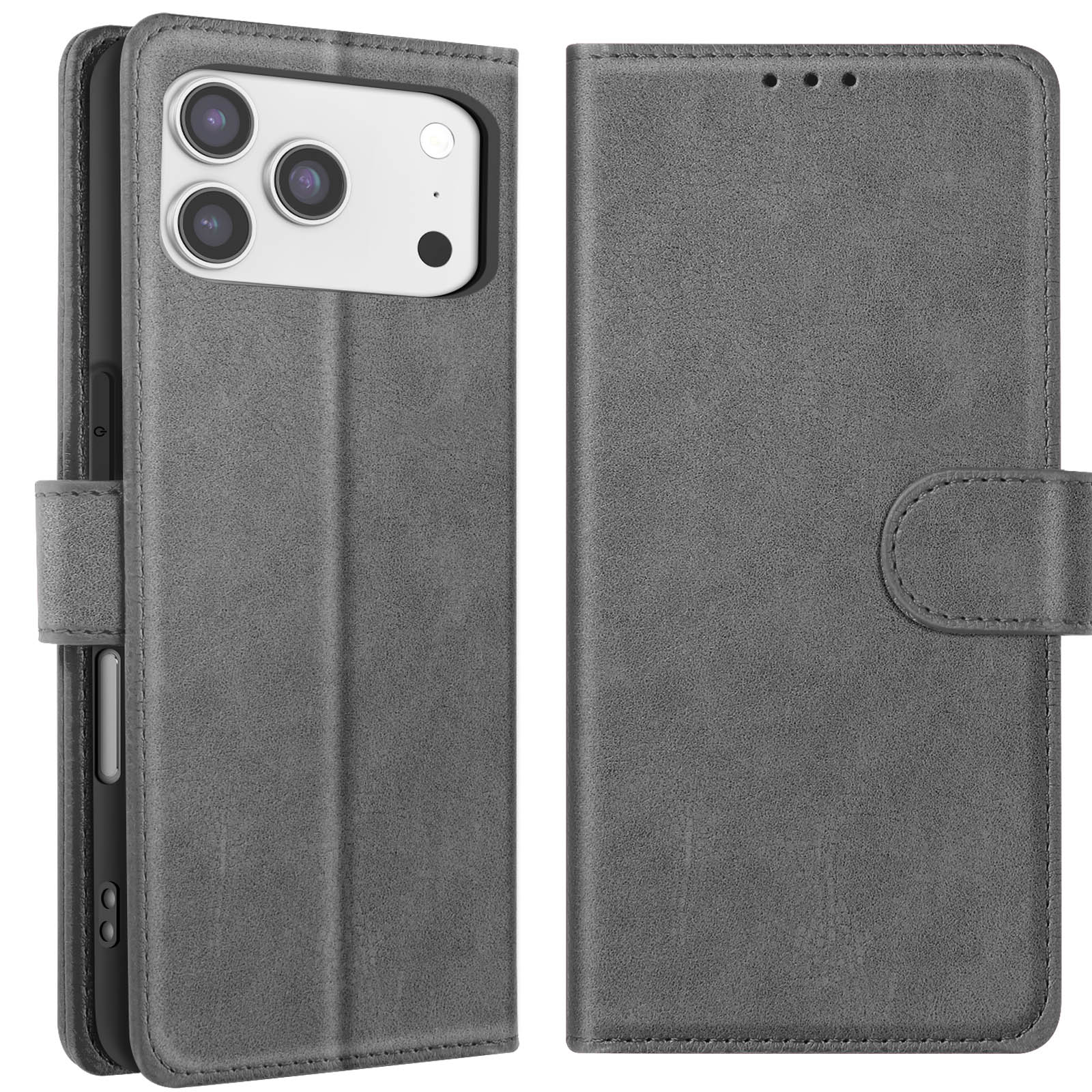 Custodia per telefono in pelle grigia, aperta per rivelare il telefono e chiusa. Obiettivi della fotocamera e chiusura magnetica visibili.
