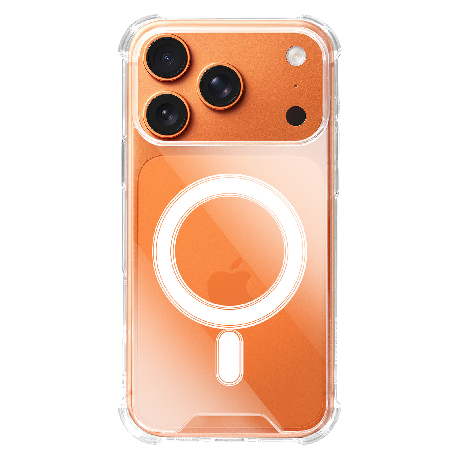 Transparente Handyhülle über orangefarbenem Telefon. Sichtbare Merkmale sind Kameralinsen, ein weißer Kreis und das Apple-Logo.