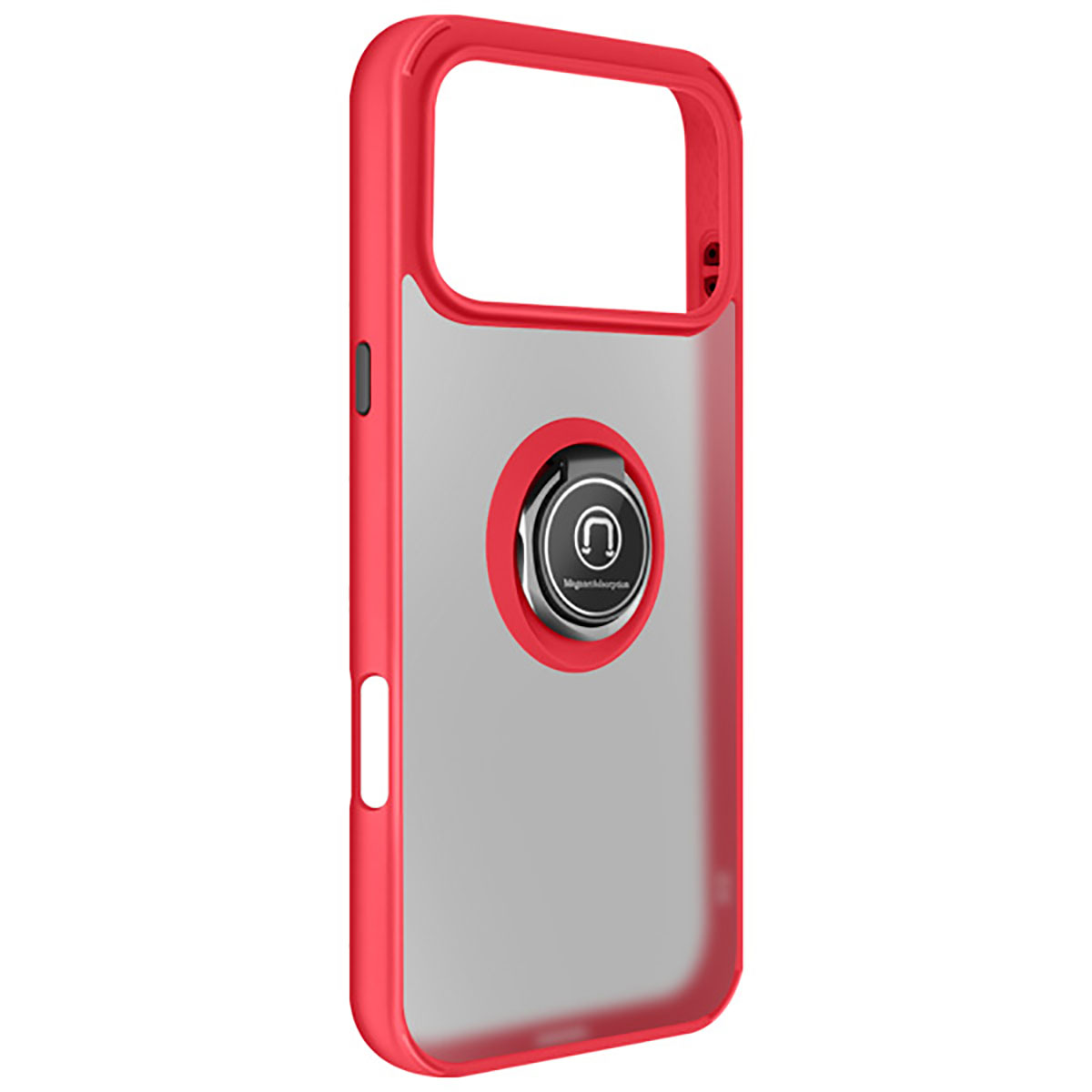 Custodia per telefono rossa e trasparente con anello di supporto. La custodia ha una cornice rossa e un retro trasparente. L'anello è argento e nero.