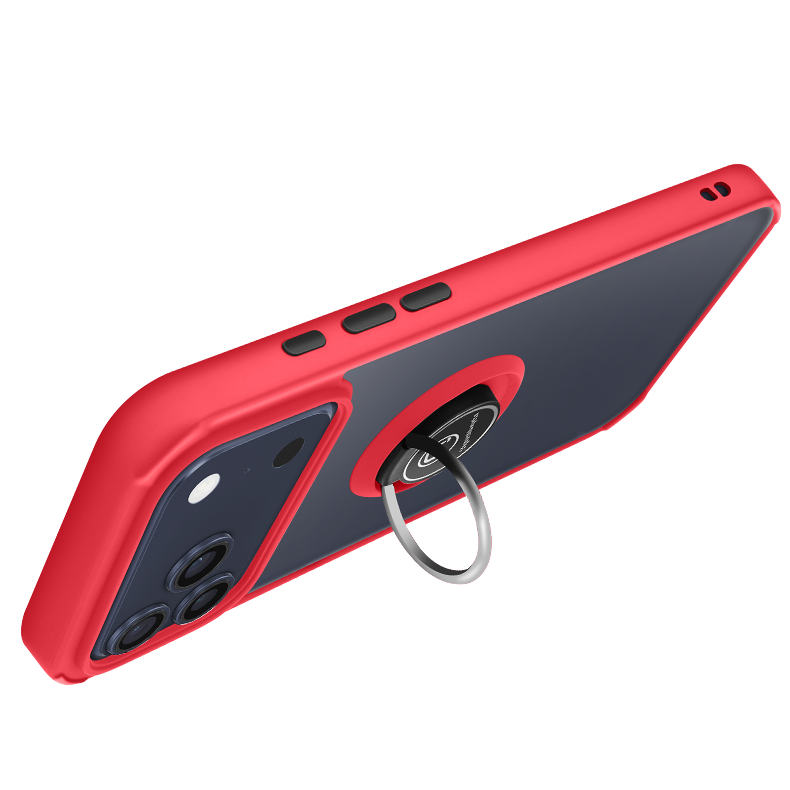 Una custodia per telefono rossa con interno nero, un supporto ad anello argentato e una fotocamera. La custodia è angolata verso destra.
