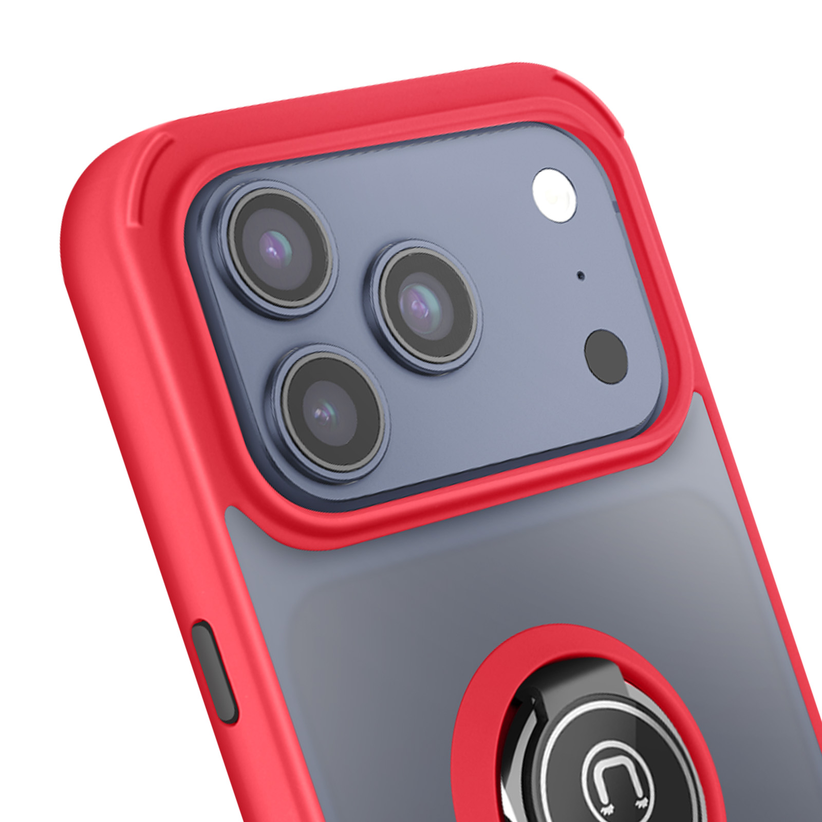 Primo piano di un telefono con custodia rossa. La custodia ha un supporto ad anello. Sono visibili tre obiettivi.