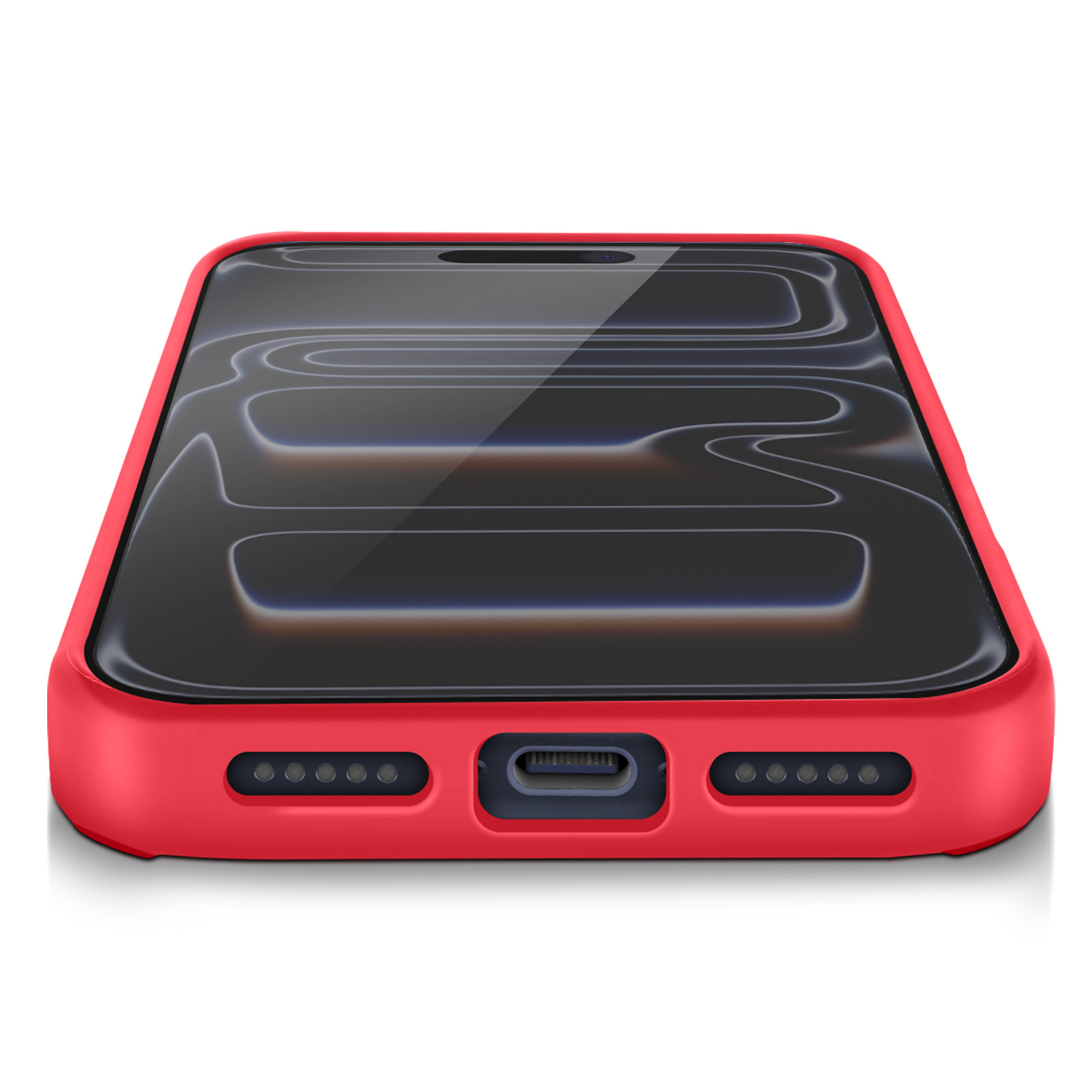 È mostrato un telefono rosso in una custodia. Lo schermo è scuro e lo sfondo è bianco. Il telefono è angolato verso lo spettatore.