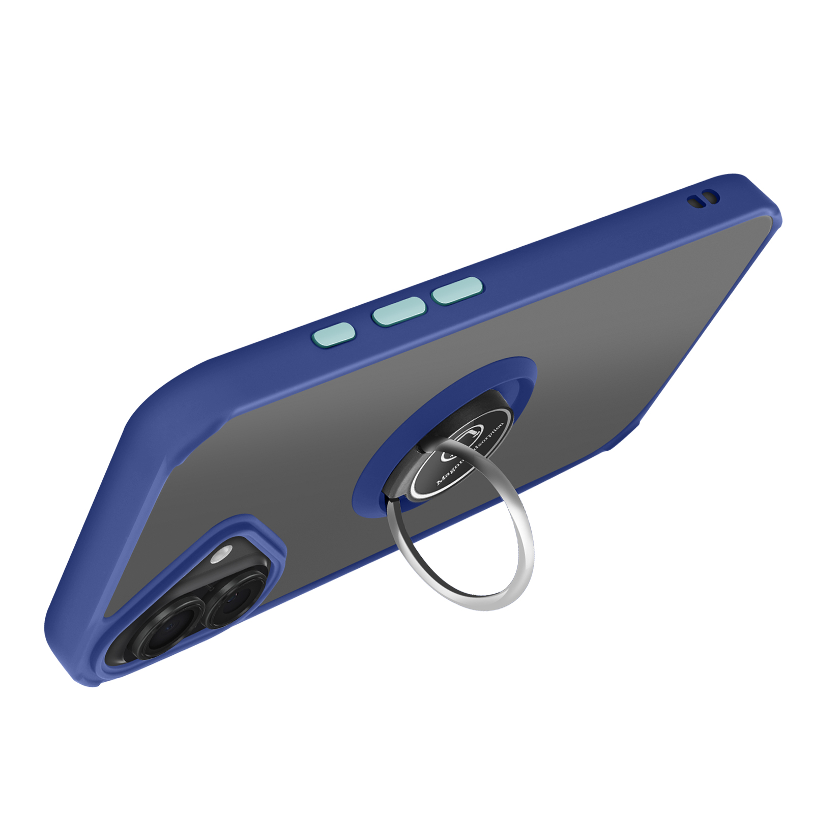 Una custodia blu per telefono con un supporto ad anello. La custodia è su sfondo bianco.