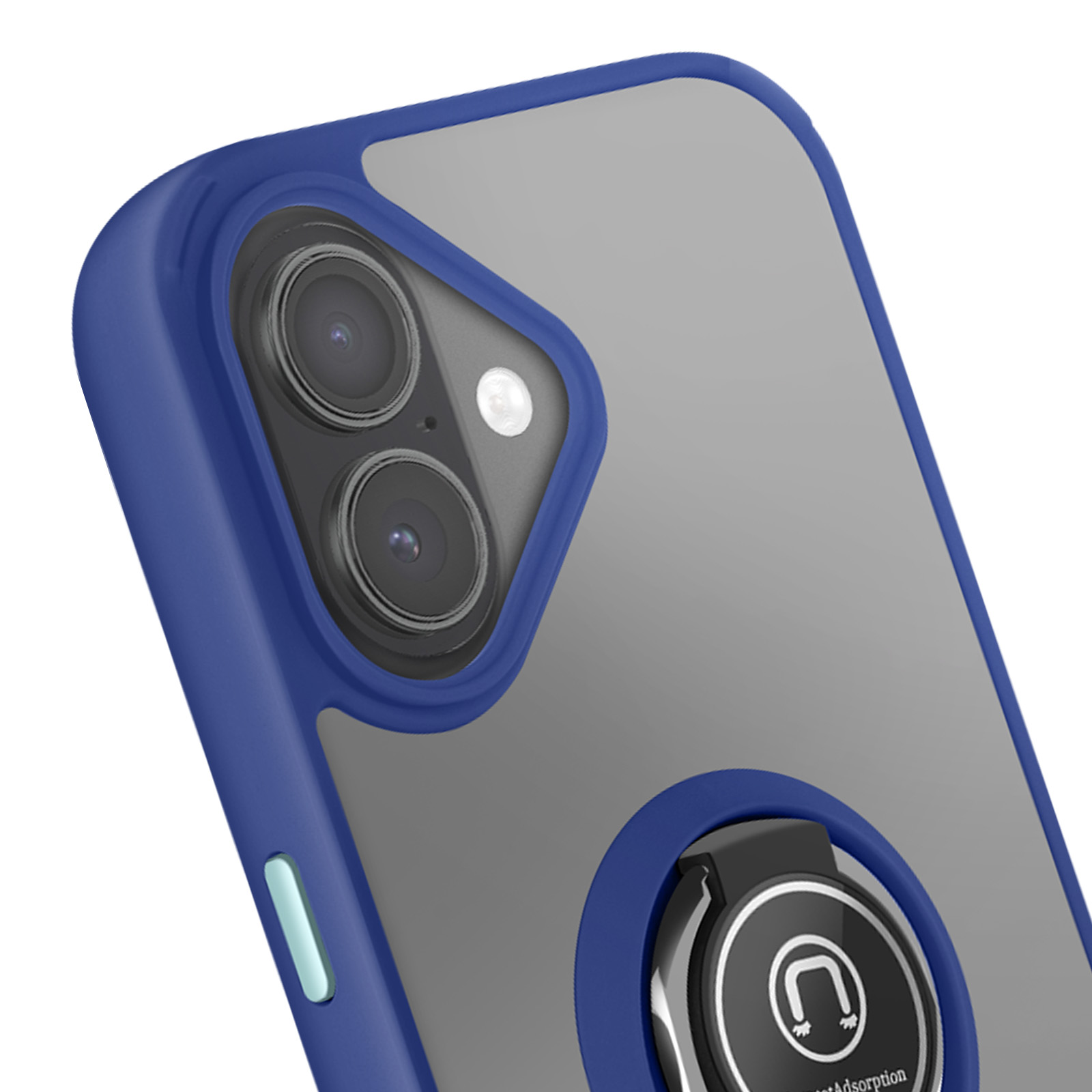 Una custodia per telefono blu e grigia con fotocamera e supporto ad anello. La custodia ha un design magnetico.