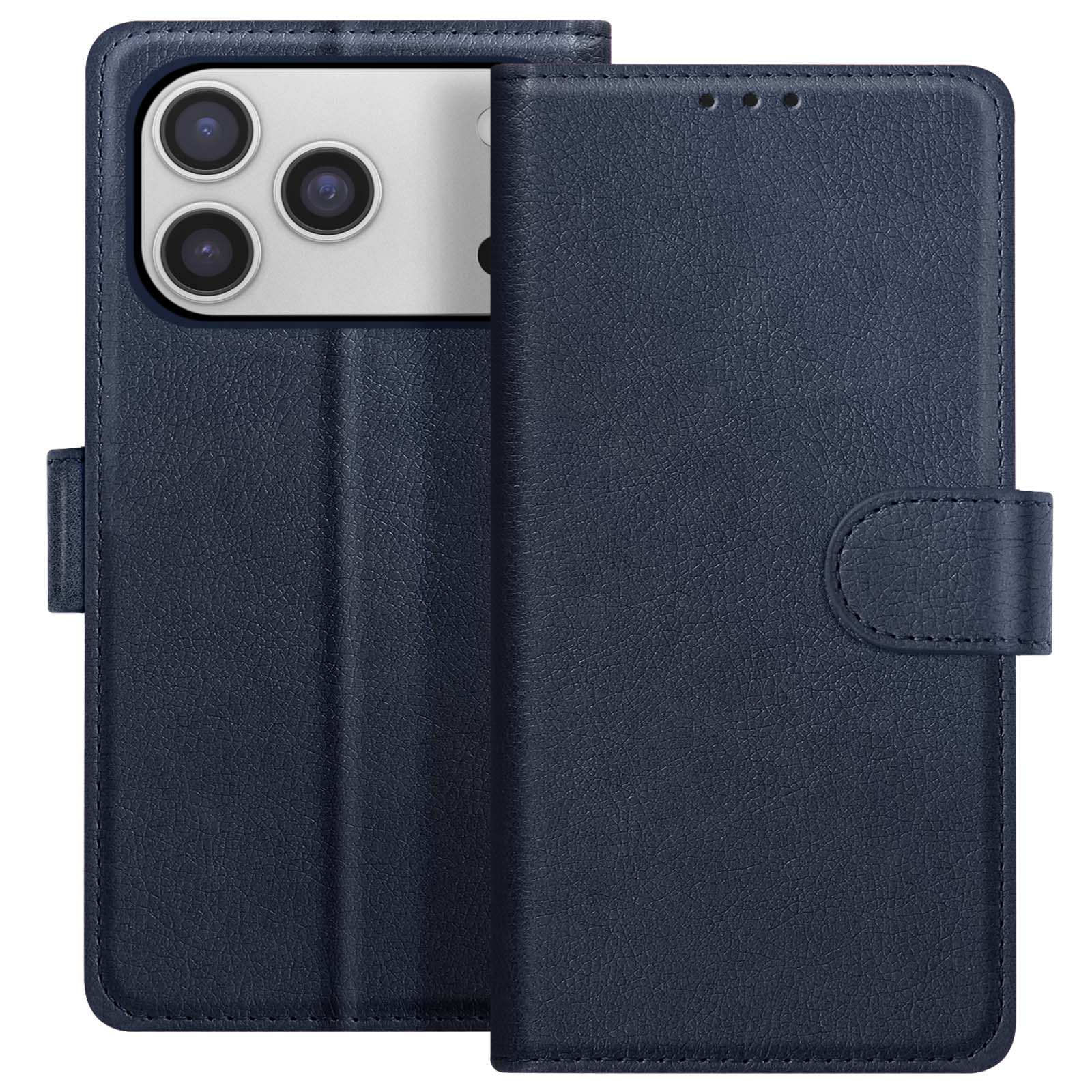 Una custodia per telefono in pelle blu scuro, aperta. La fotocamera del telefono è visibile. La custodia ha una chiusura magnetica.