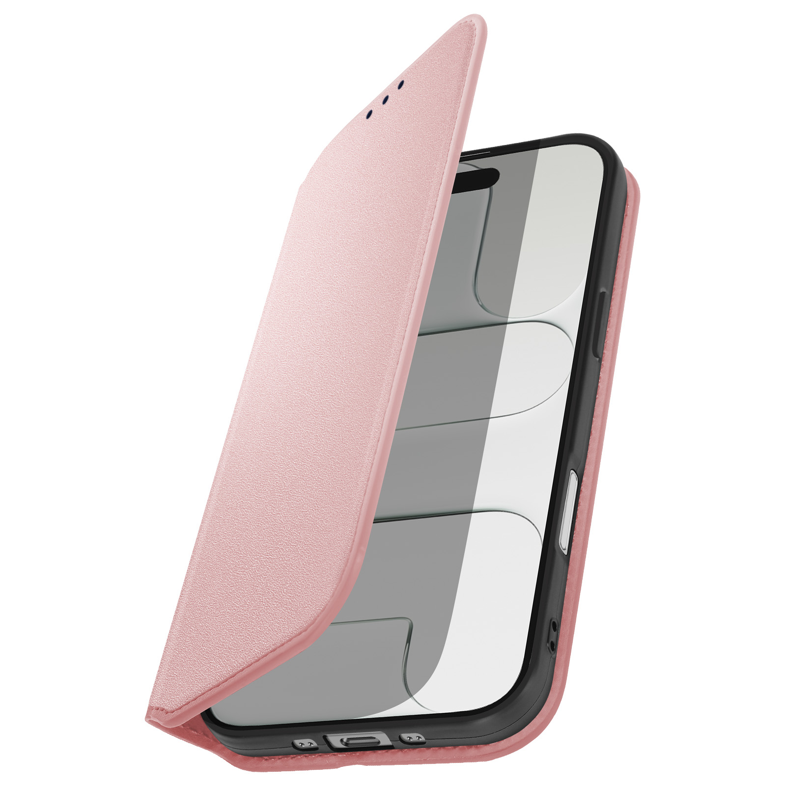 Una custodia rosa per telefono, aperta per rivelare un telefono. La custodia ha una finitura strutturata, e lo schermo è visibile.