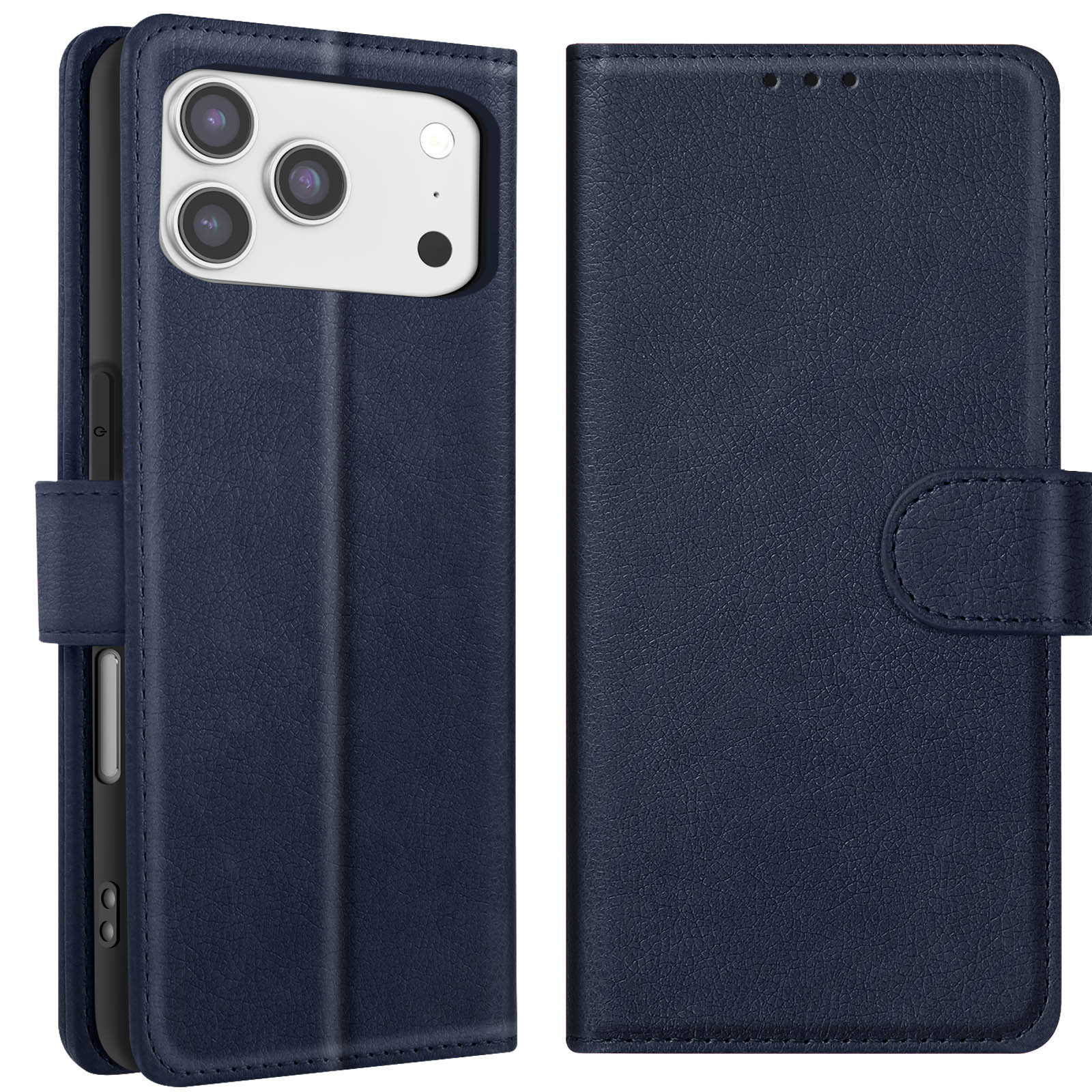 Una custodia per telefono blu navy, aperta per rivelare un telefono con tre fotocamere. La custodia ha una chiusura magnetica.