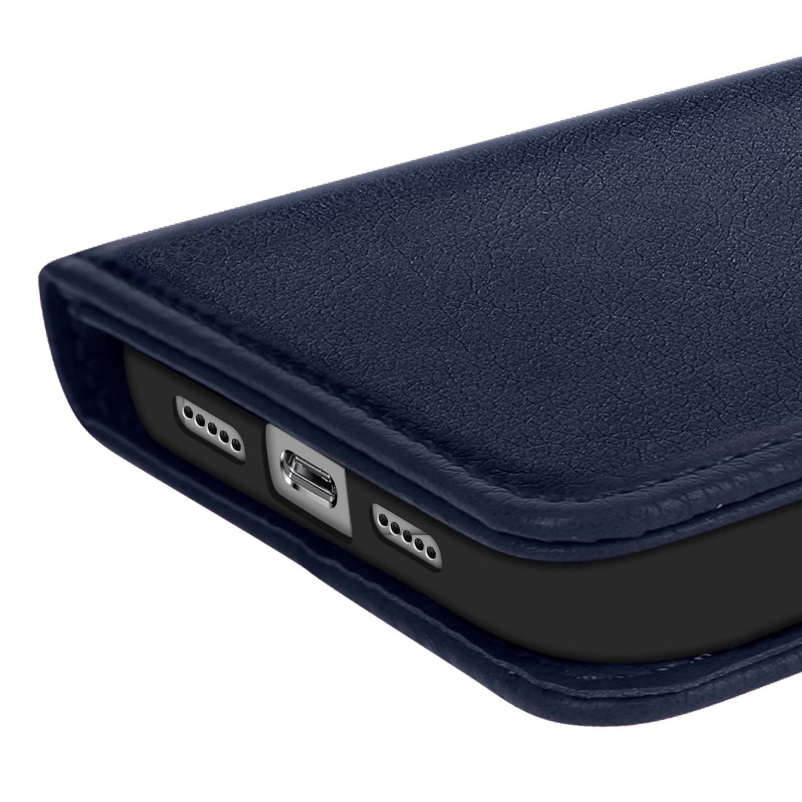 Primo piano di una custodia per telefono in pelle blu navy. Visibili porta di ricarica e fori degli altoparlanti.
