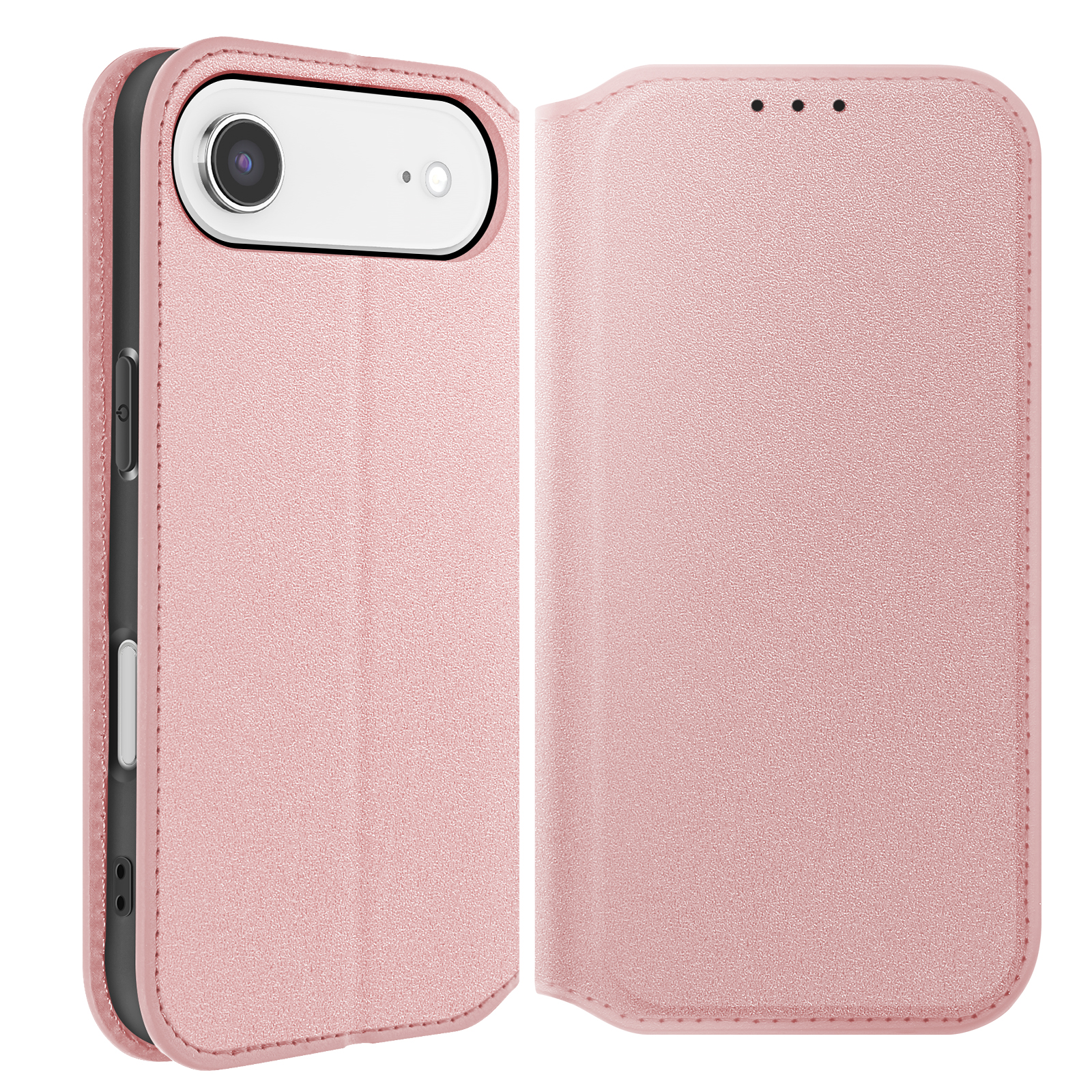 Custodia rosa per telefono, aperta. Mostra la fotocamera, i pulsanti e la superficie strutturata. Dettaglio cuciture. Sfondo bianco.