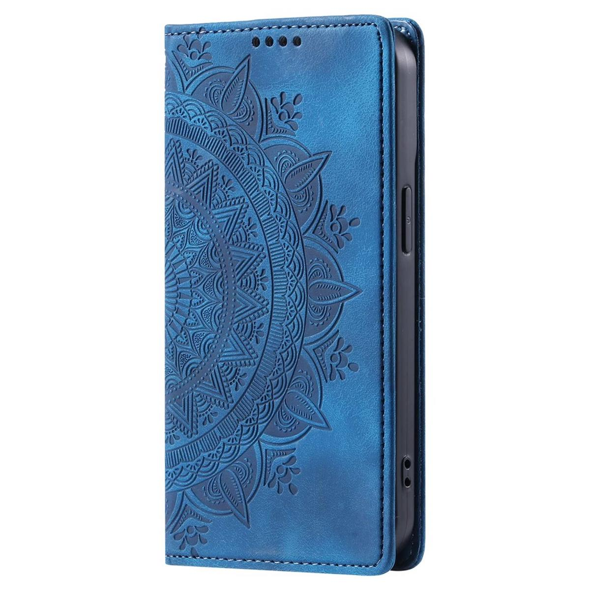 Blaue Handyhülle mit Mandala-Design. Genähte Kanten und Magnetverschluss. Geprägte florale Muster.