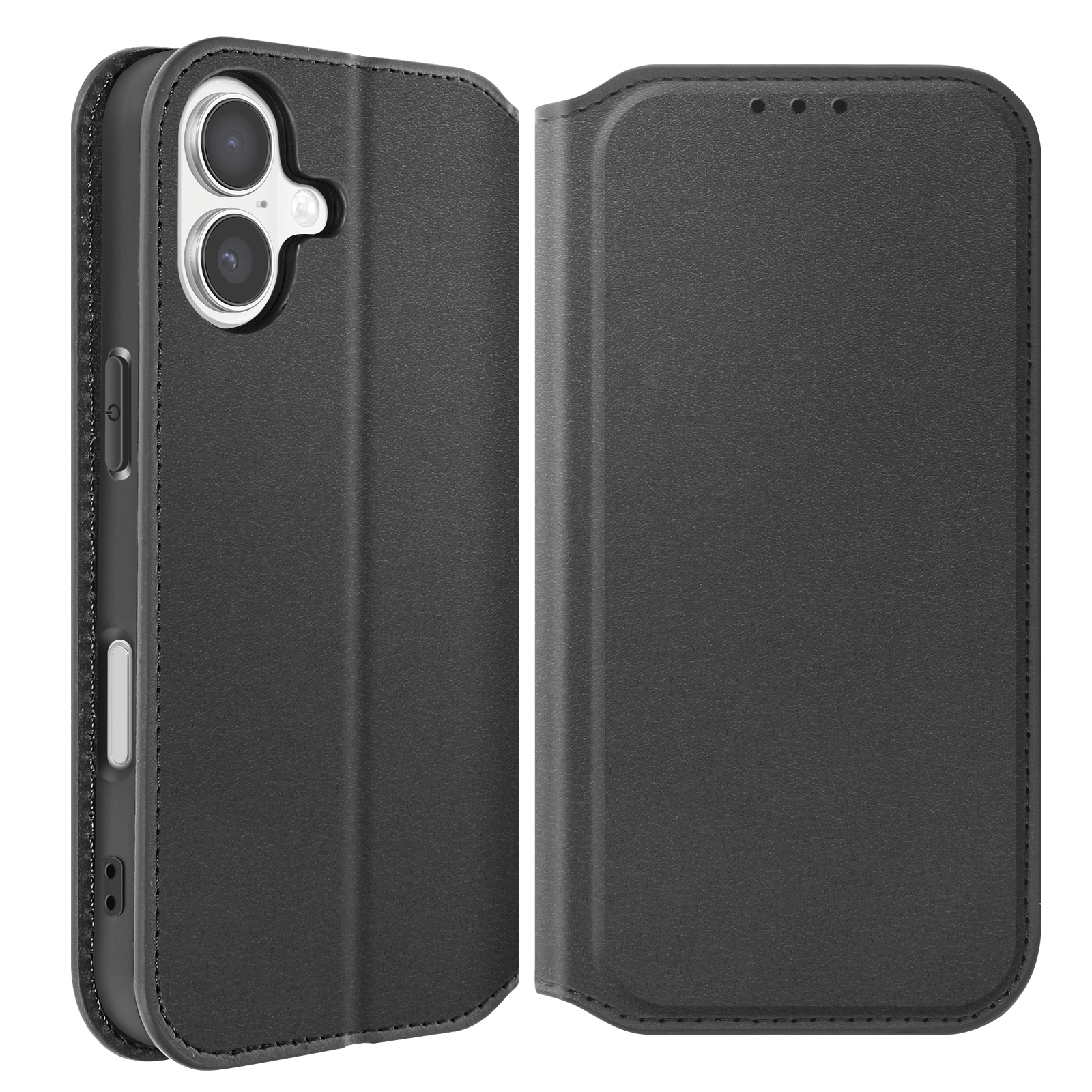 Custodia per telefono in pelle nera, aperta a destra. Con fori per la fotocamera, pulsanti e chiusura magnetica.