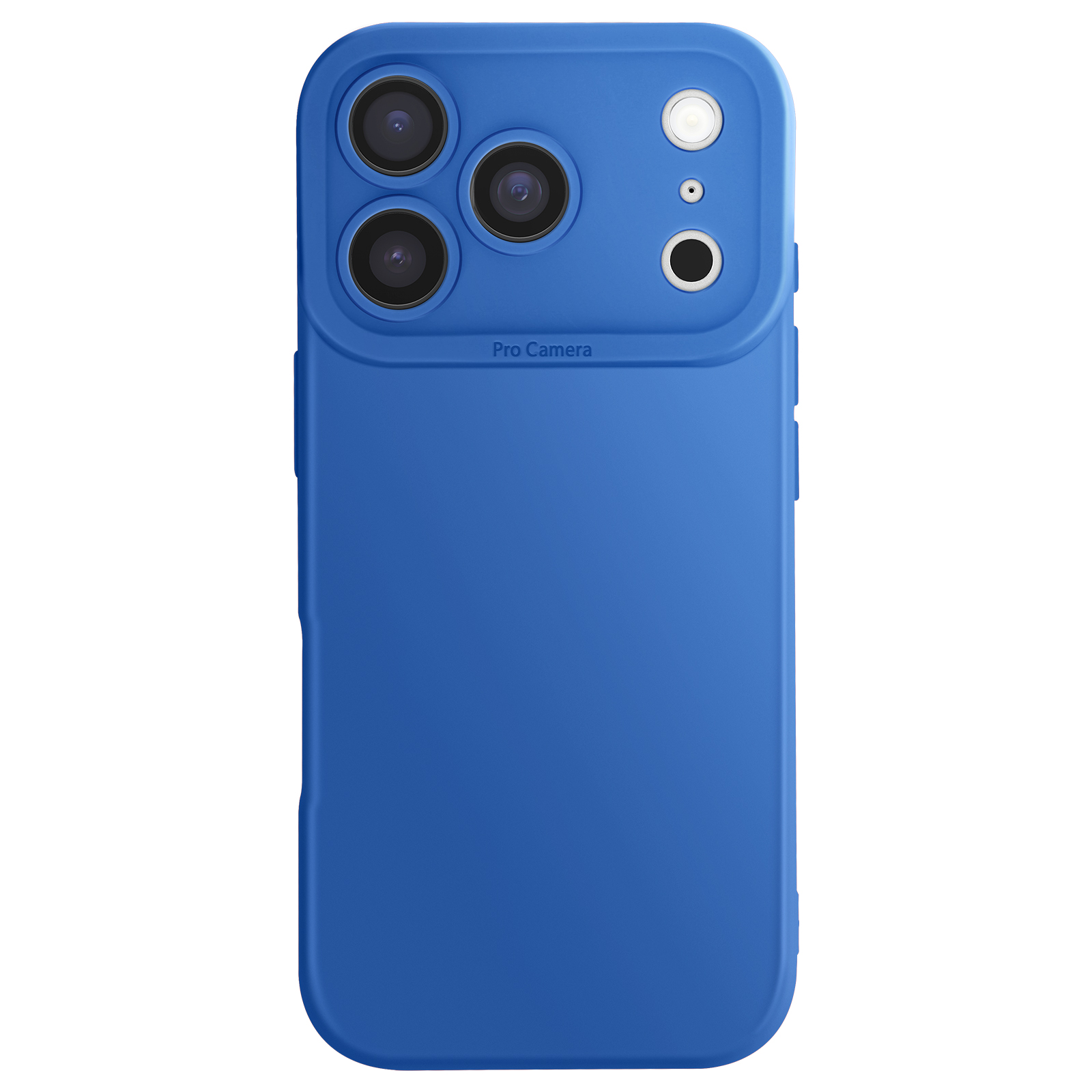 Blauwe telefoonhoes met cameralenzen en flitser. De achtergrond is wit.