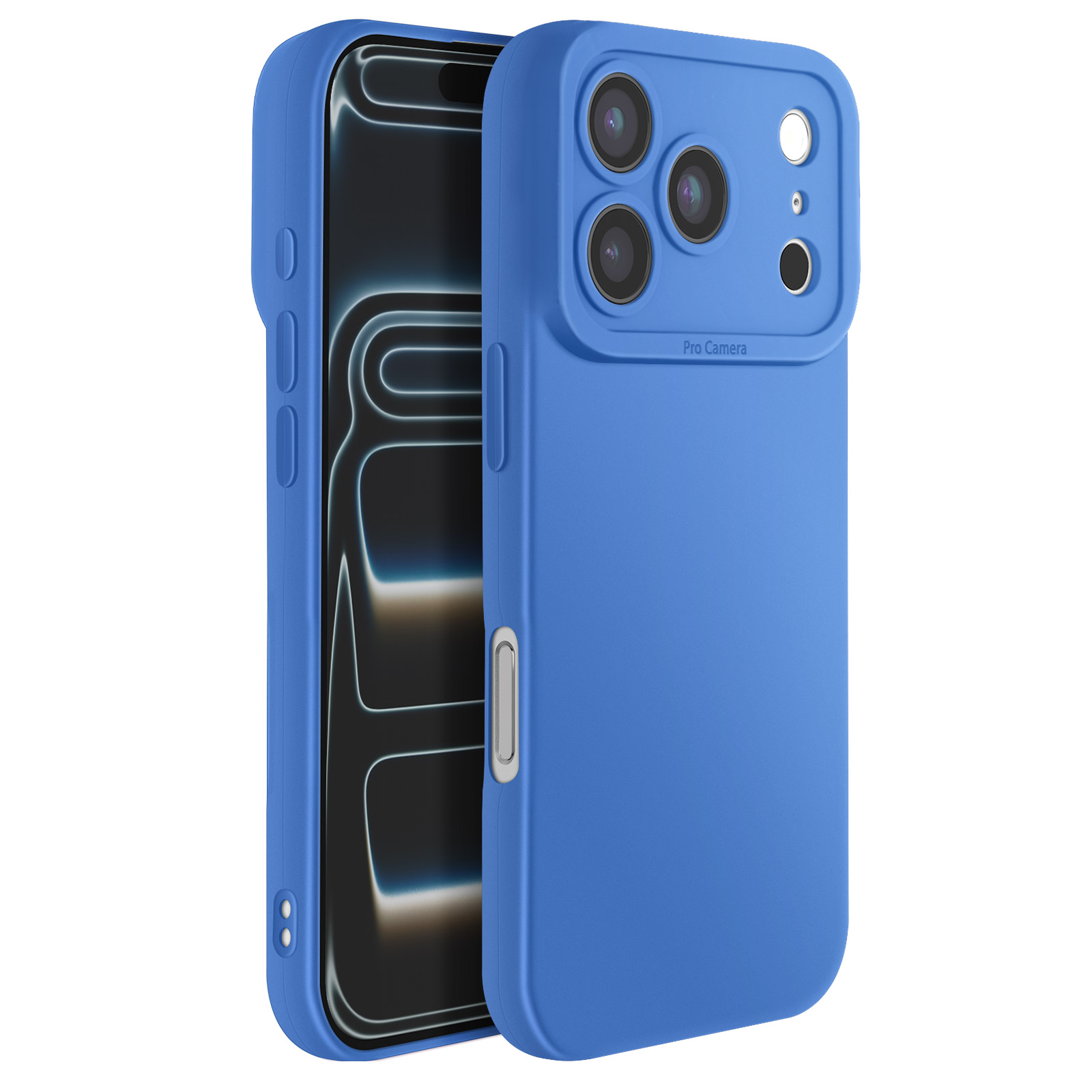 Blauwe telefoonhoes op witte achtergrond. Telefoonhoes heeft drie cameralenzen en een flitser.