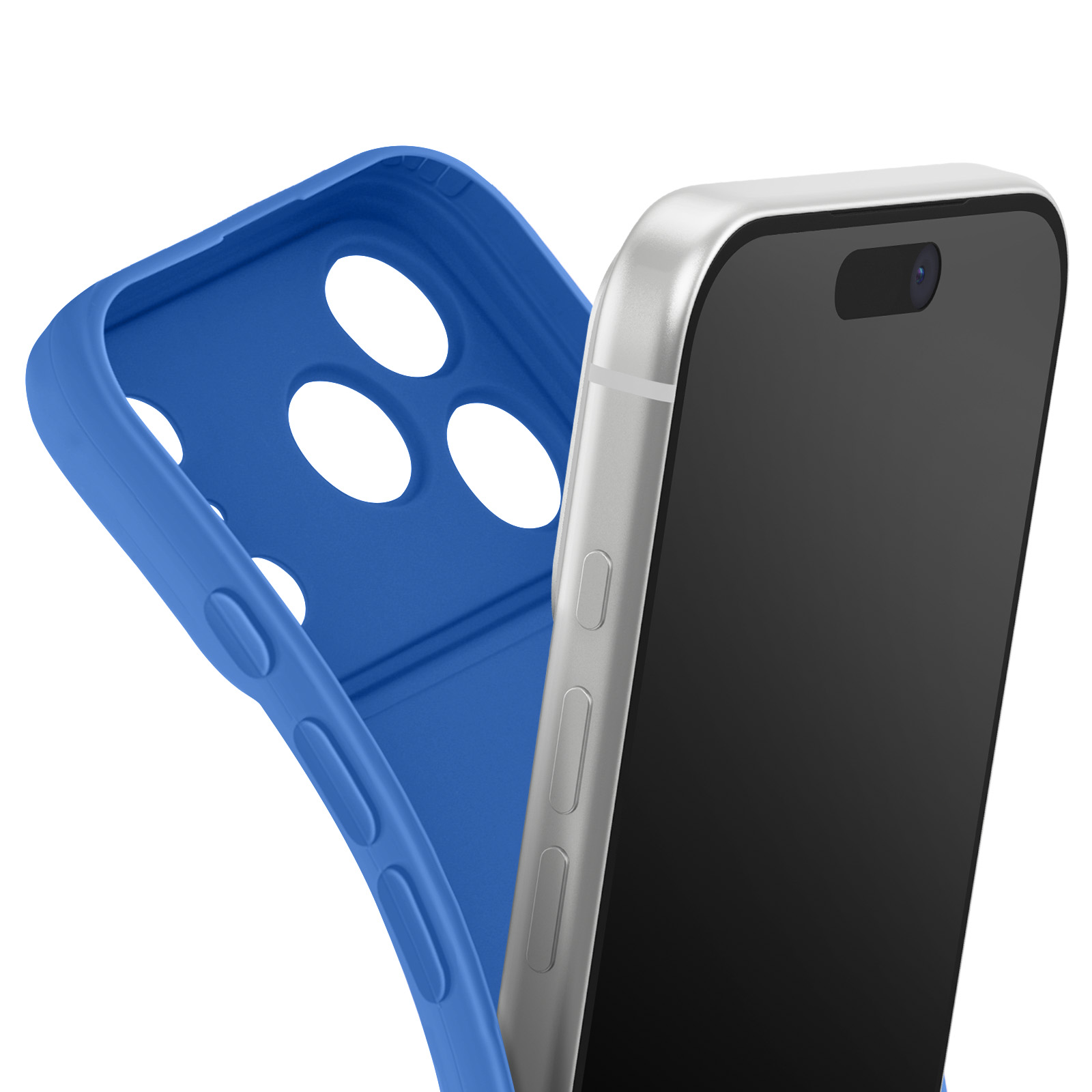 Een zilveren smartphone zit in een blauwe telefoonhoes. De hoes heeft openingen voor de camera en knoppen.