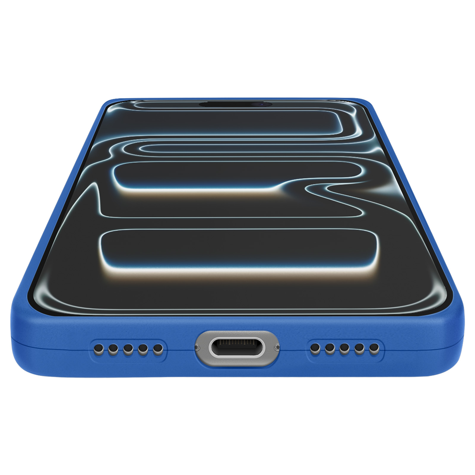 Een blauwe telefoonhoes met een zwart scherm. Het scherm toont witte gebogen lijnen tegen een donkere achtergrond.