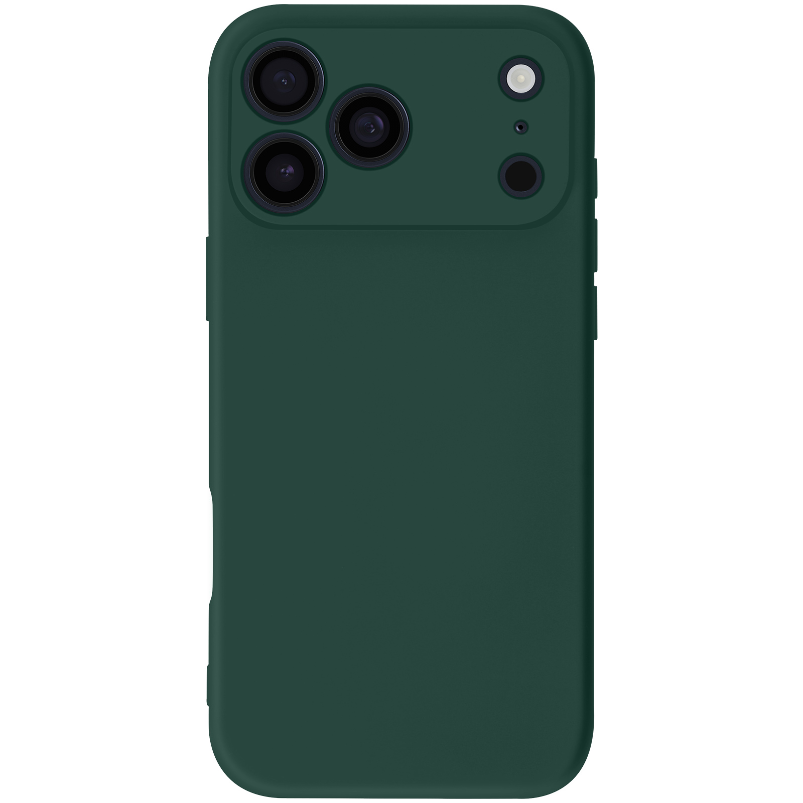 Una custodia per telefono verde scuro. Ha un modulo fotocamera con quattro obiettivi e un flash. Lo sfondo è bianco.