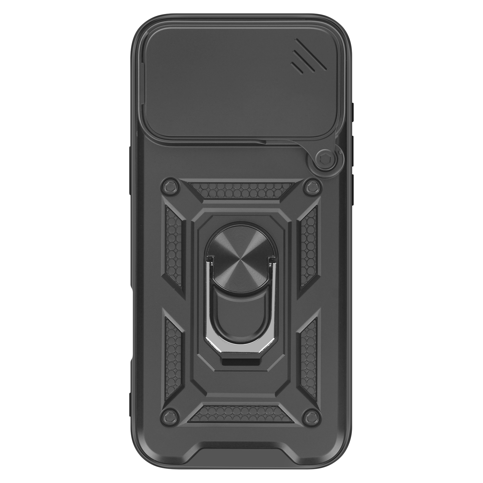 Una custodia nera per telefono con copertura scorrevole per fotocamera e supporto ad anello in metallo, su sfondo bianco.