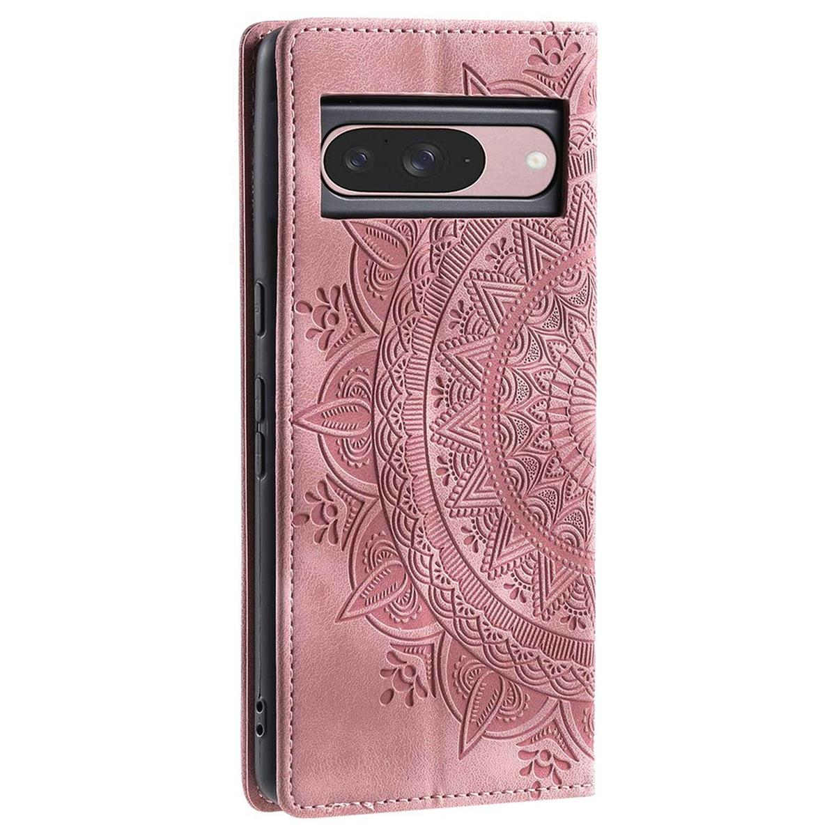 Rosa Handyhülle mit Mandala-Design und Telefon. Die Hülle ist offen.