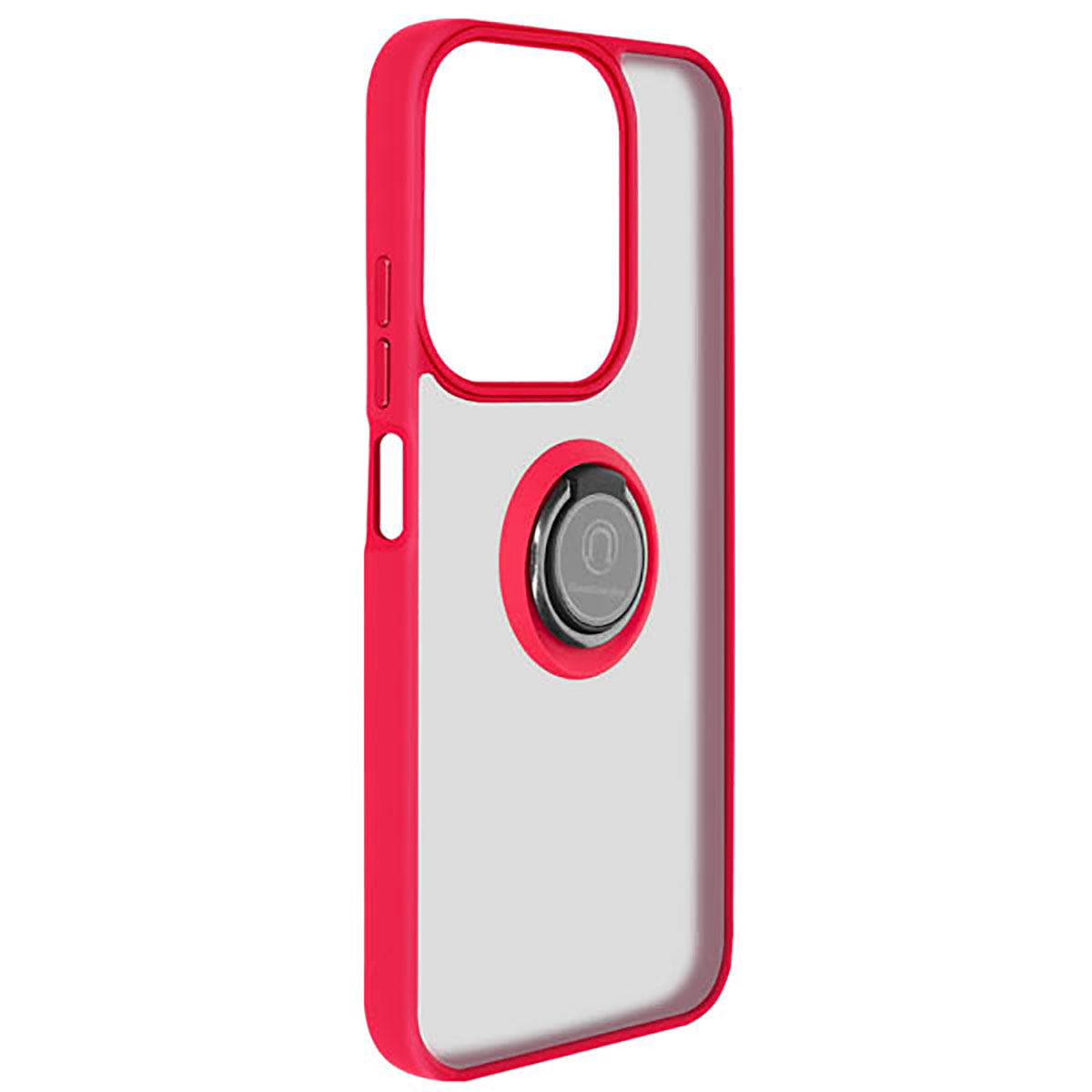 Une coque de téléphone rouge avec un dos transparent et un support d'anneau argenté.