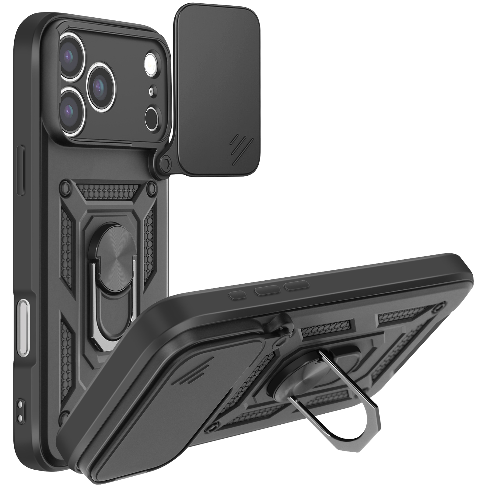 Custodia nera per telefono con copertura fotocamera, supporto ad anello e pulsanti visibili. Mostrata angolata, con sfondo bianco.