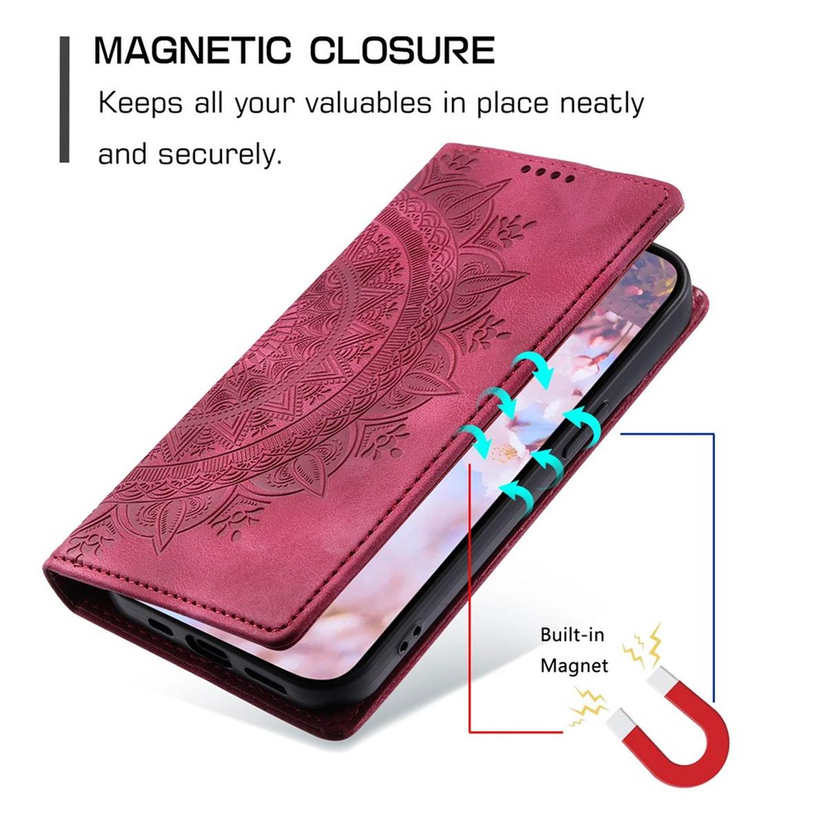 Rote Handyhülle mit Mandala-Design. Text: Magnetverschluss. Integrierter Magnet für sicheren Verschluss.