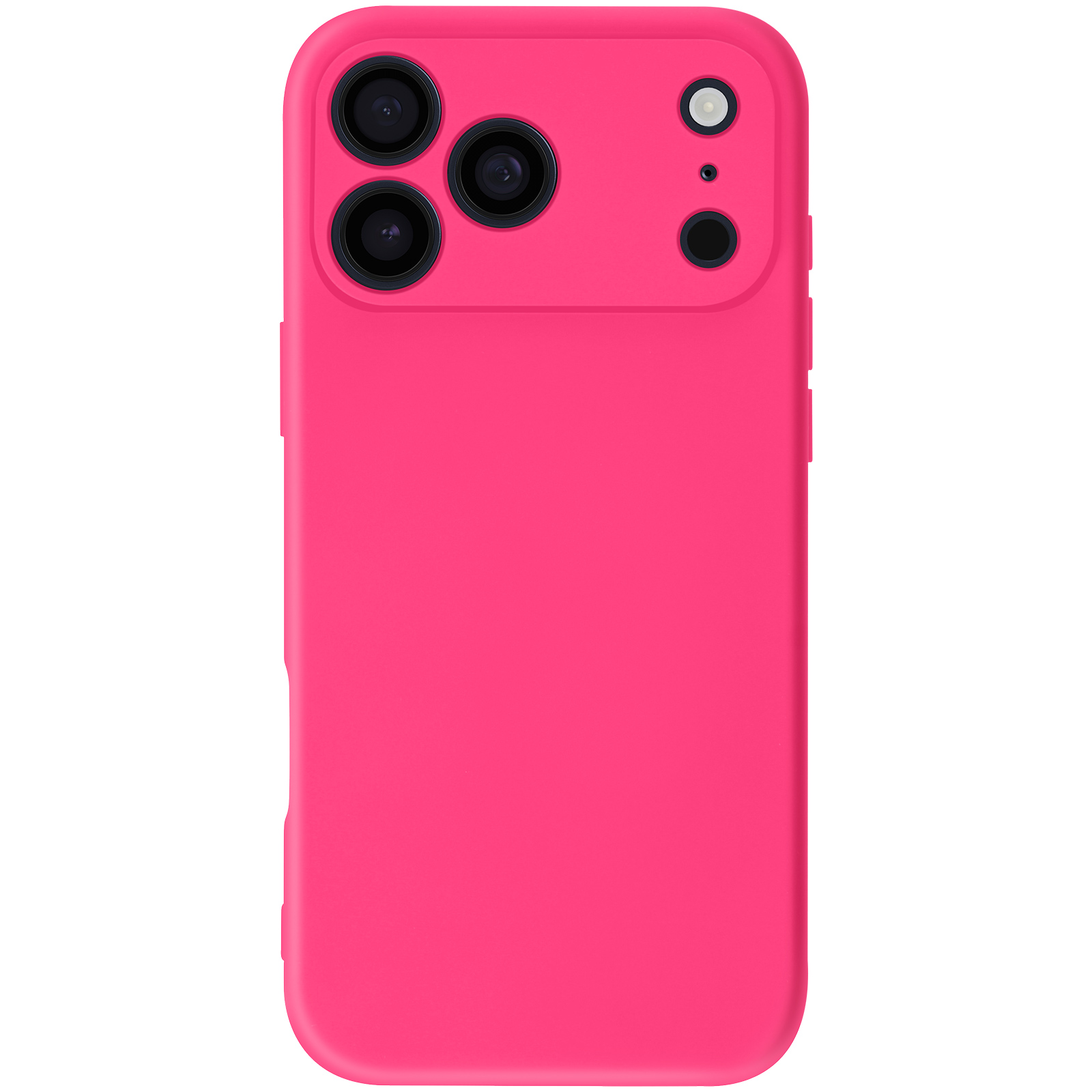 Une coque de téléphone rose vif avec quatre découpes pour appareil photo sur fond blanc.