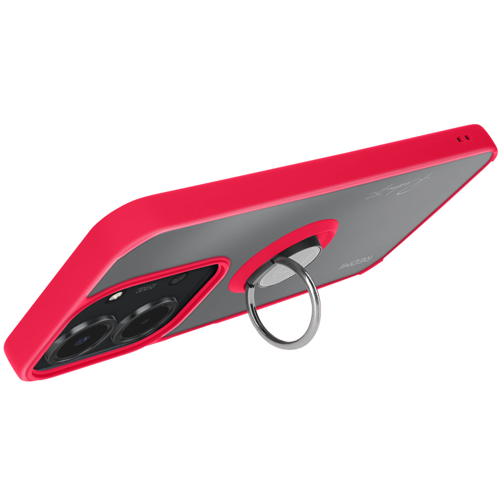Une coque de téléphone rouge avec un anneau métallique et deux objectifs. La coque est en angle, montrant l'arrière et le côté.