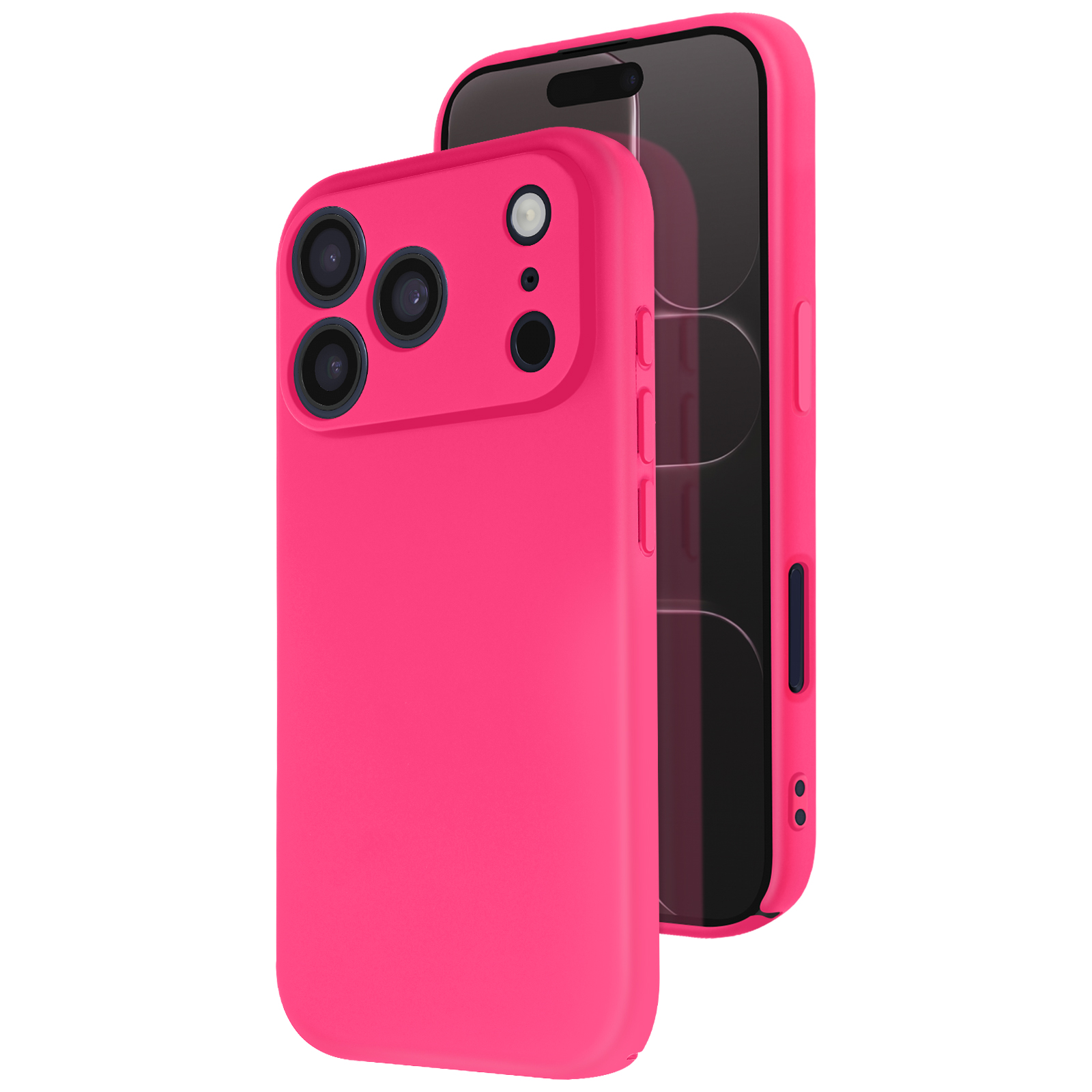 Twee smartphones, een in een felroze hoesje, de ander toont het scherm. Beide op een witte achtergrond.