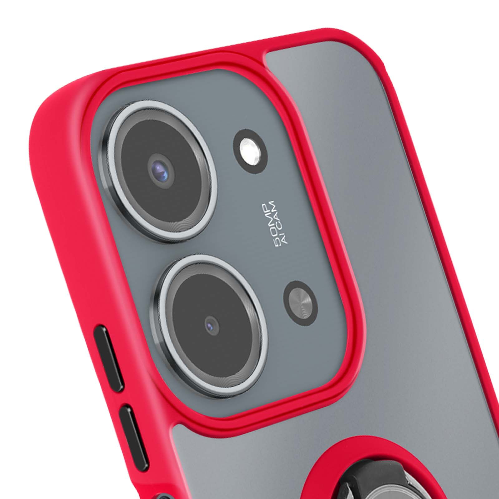 Gros plan sur une coque de téléphone avec cadre rouge, dos gris et lentilles de caméra. Comprend un support d'anneau et des boutons.