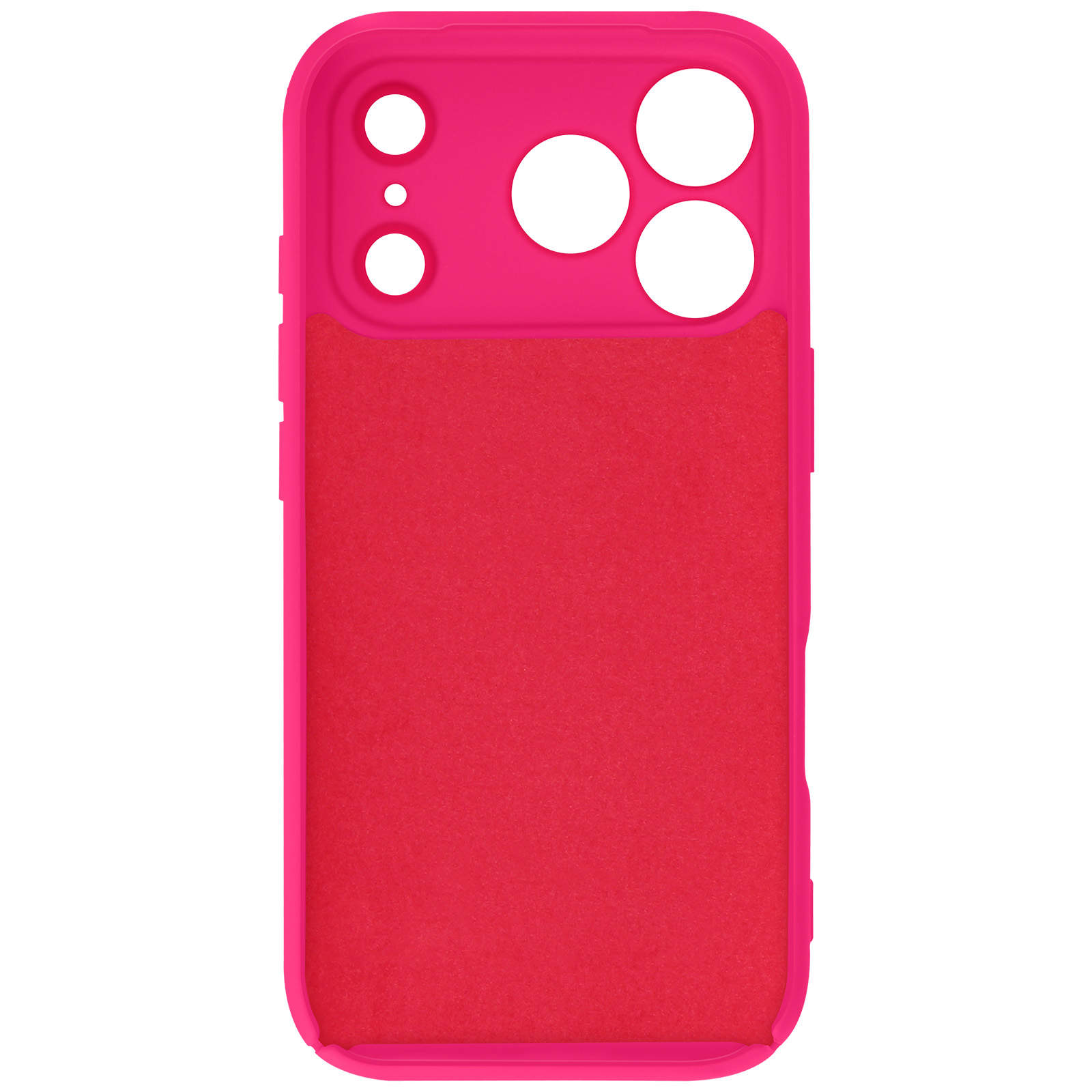 Een felroze telefoonhoesje. Het heeft cameralenzen en een rood interieur met textuur.