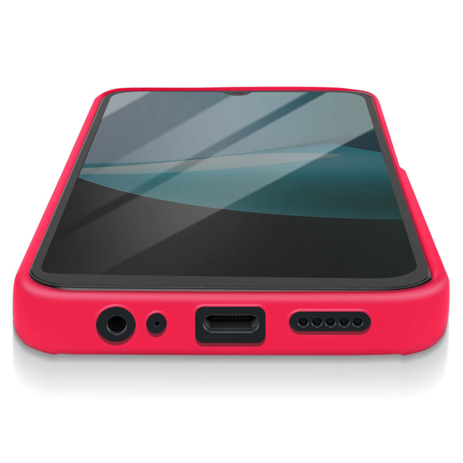 Une coque de téléphone rouge. Elle a un écran noir avec un design. Le bas a des trous et un port de charge.