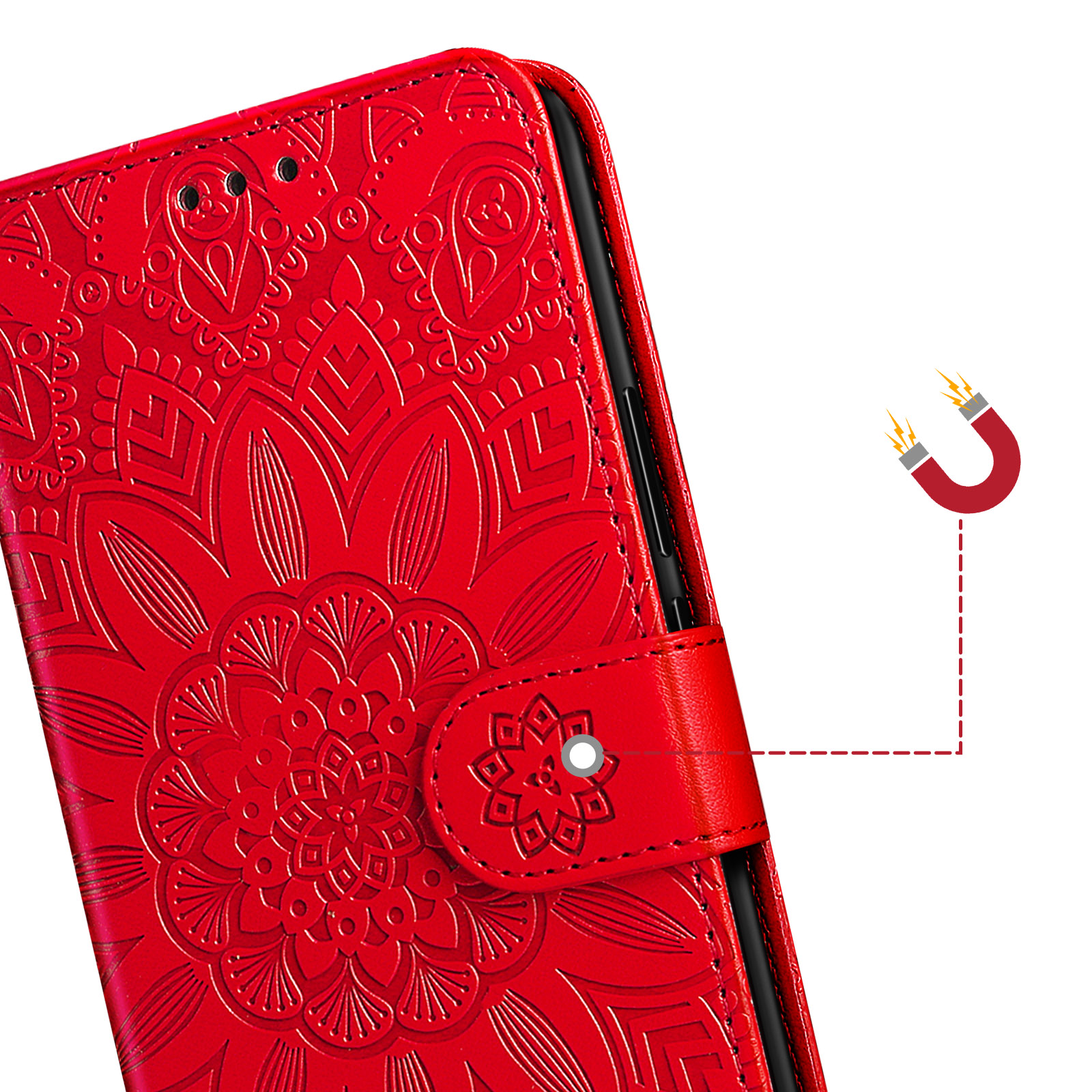 Custodia rossa per telefono con motivo floreale e chiusura magnetica. Dettagli includono una chiusura e icona magnete.