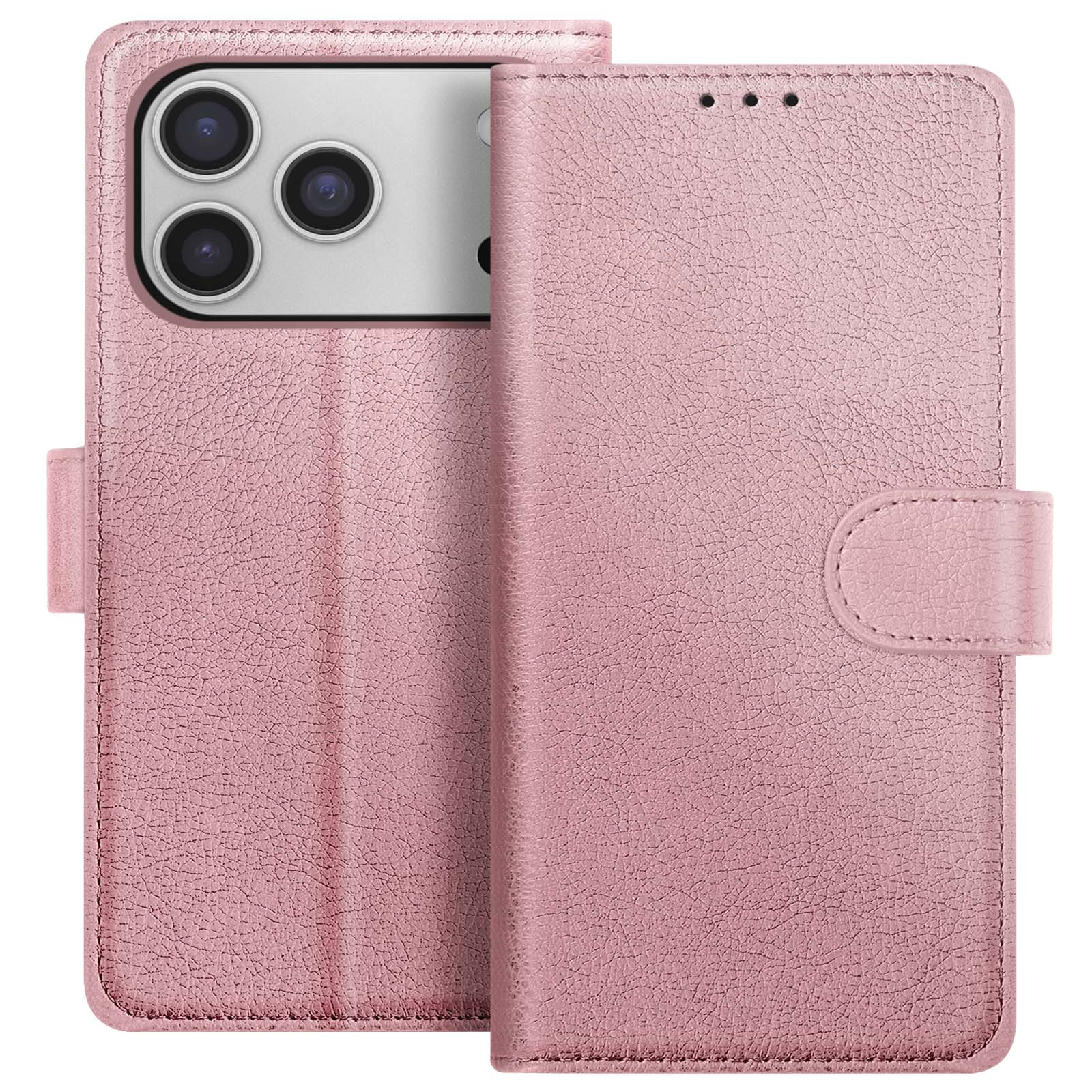 Custodia per telefono in pelle rosa con ritaglio per fotocamera e chiusura magnetica.