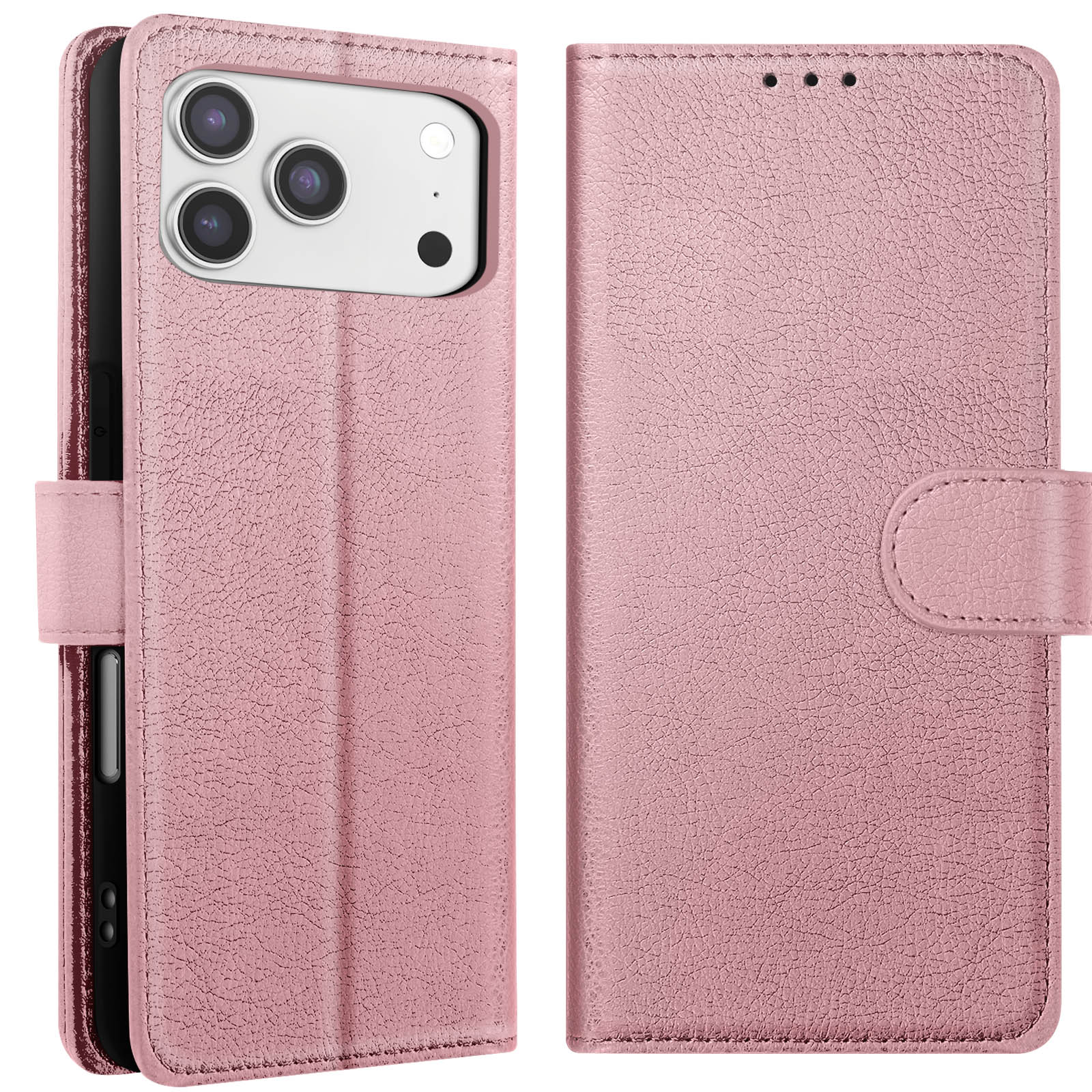 Custodia per telefono in pelle rosa, aperta, che mostra il telefono e l'interno. La custodia ha una chiusura magnetica.