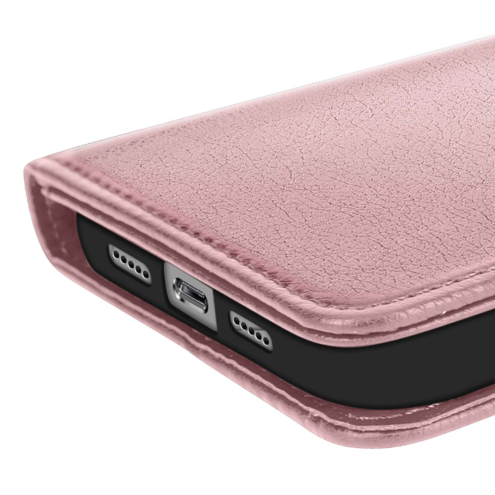 Primo piano di una custodia rosa per telefono, che mostra il bordo con fori e una porta di ricarica. La custodia ha una superficie strutturata.
