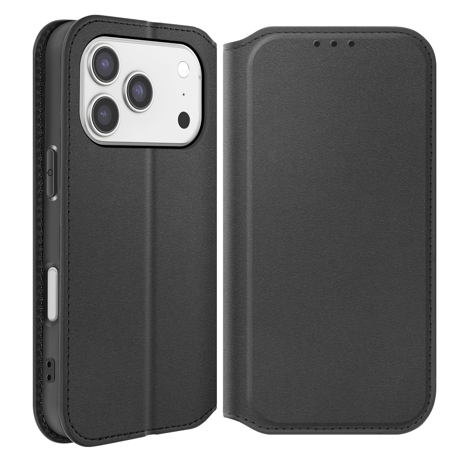 Una custodia nera per telefono, parzialmente aperta, che rivela le lenti della fotocamera del telefono. La custodia è realizzata in materiale simile alla pelle.