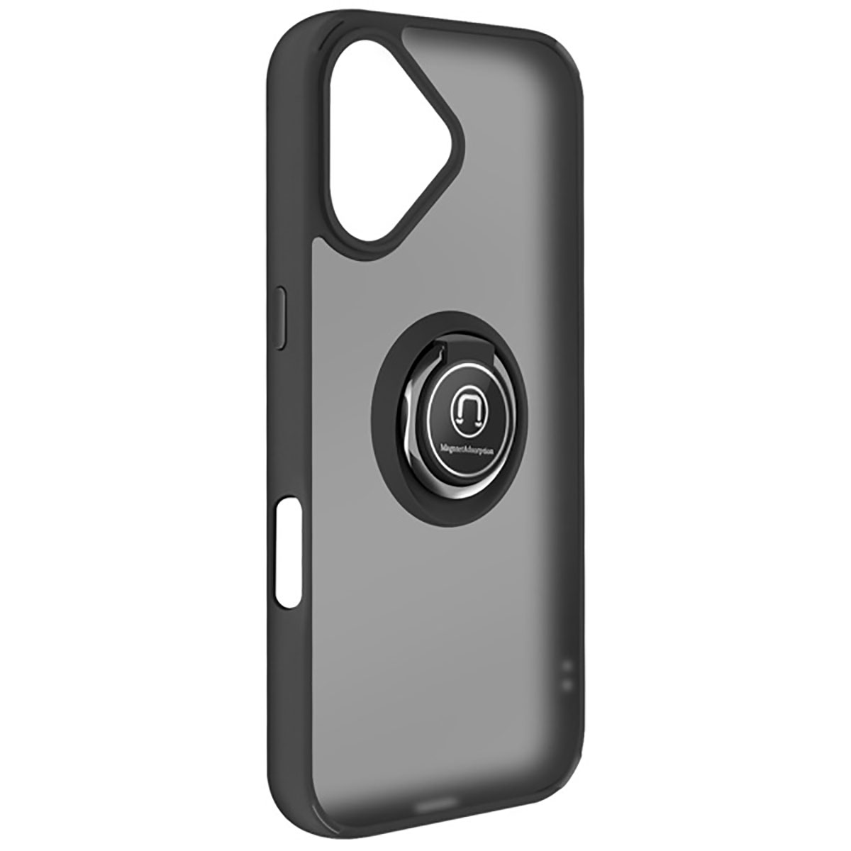Una custodia per telefono nera con un anello di supporto. La custodia è grigio trasparente. L'anello di supporto è argento e nero con il logo.