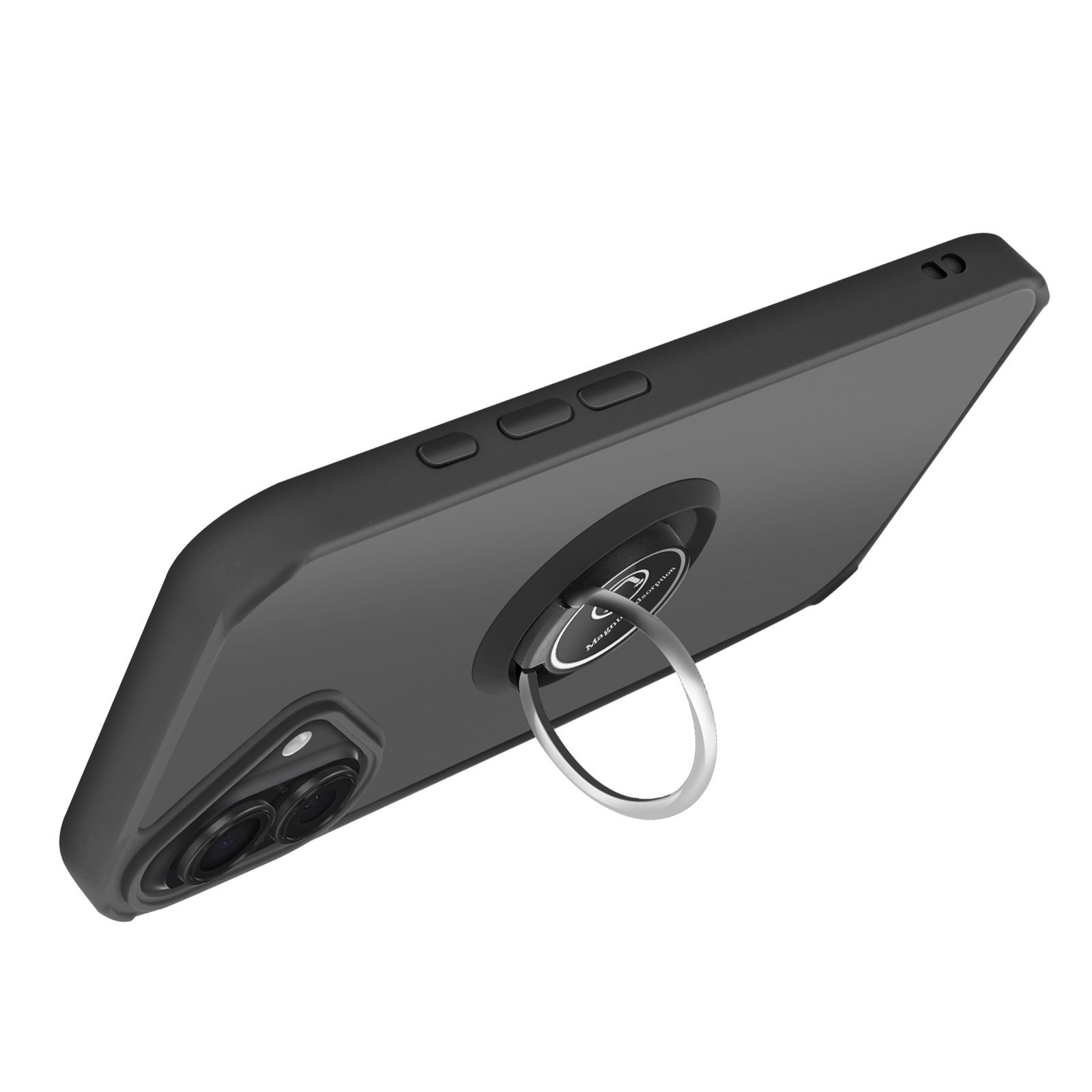 È mostrata una custodia nera per telefono con supporto ad anello. La custodia ha pulsanti e una fotocamera a doppia lente.
