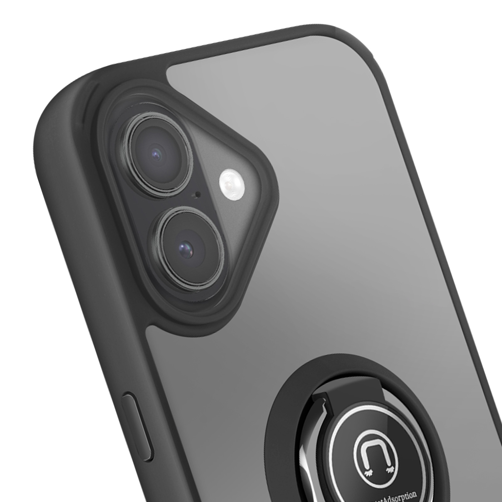 Primo piano di una custodia per telefono con un supporto ad anello magnetico. Ha una cornice nera e un retro grigio. La fotocamera è visibile.