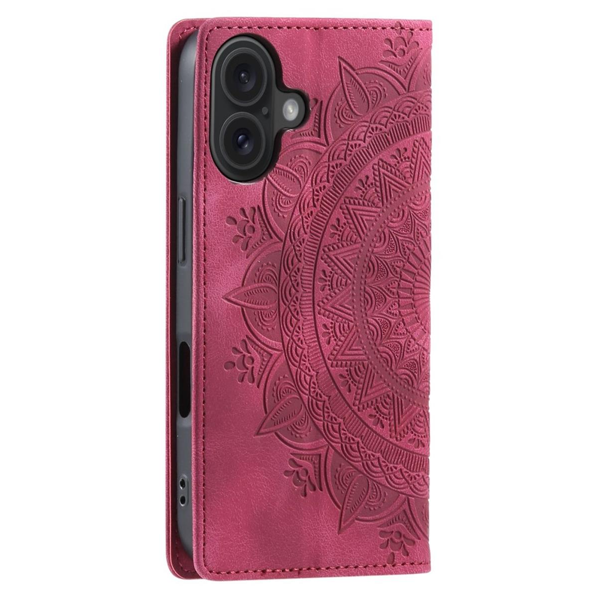 Eine rote Handyhülle mit geprägtem Mandala-Design. Die Hülle ist offen und gibt den Blick auf das Telefon frei.