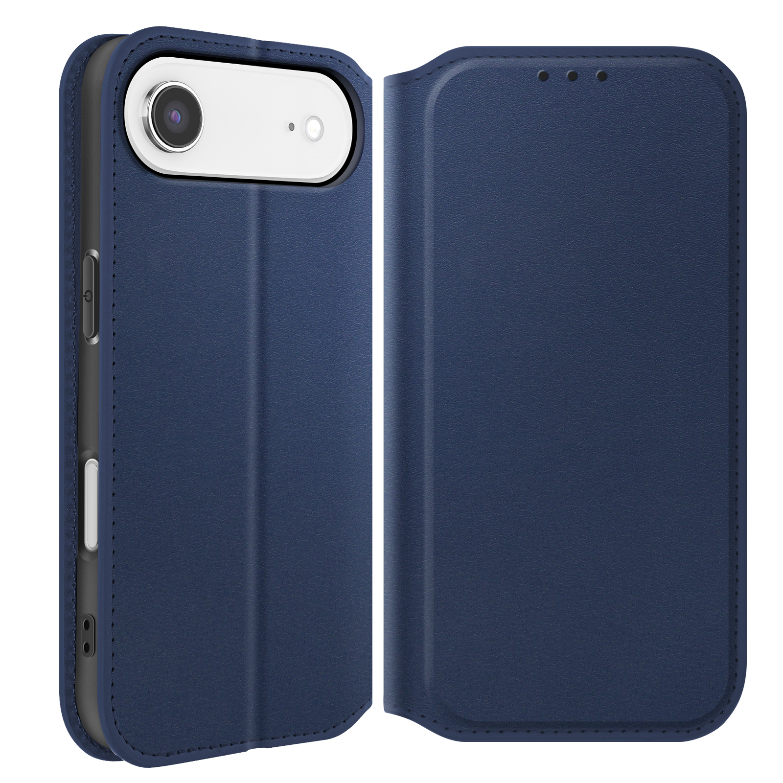 Una custodia blu navy è aperta. Il telefono è visibile sul lato sinistro. La custodia ha un bordo cucito.
