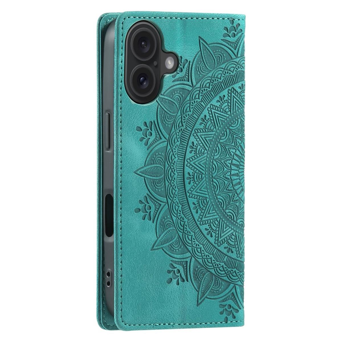 Türkisfarbene Handyhülle mit Mandala-Design und Handykamera. Die Hülle ist offen und gibt die Kameralinsen frei.