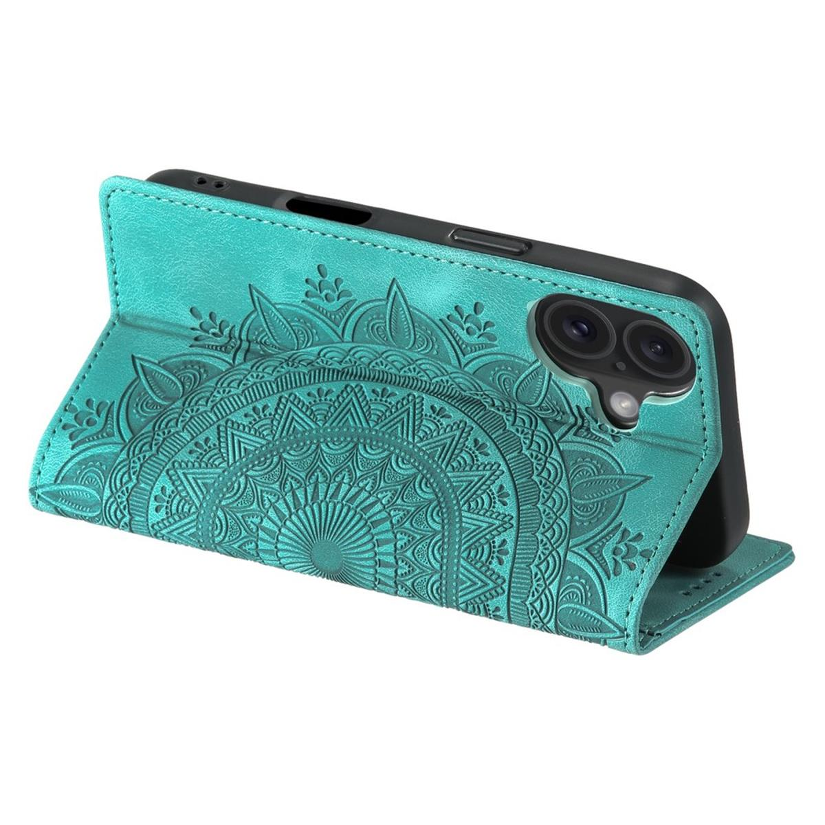Türkisfarbene Handyhülle mit Mandala-Design. Das Telefon ist schwarz. Die Hülle ist geöffnet und zeigt das Telefon und seine Kamera.