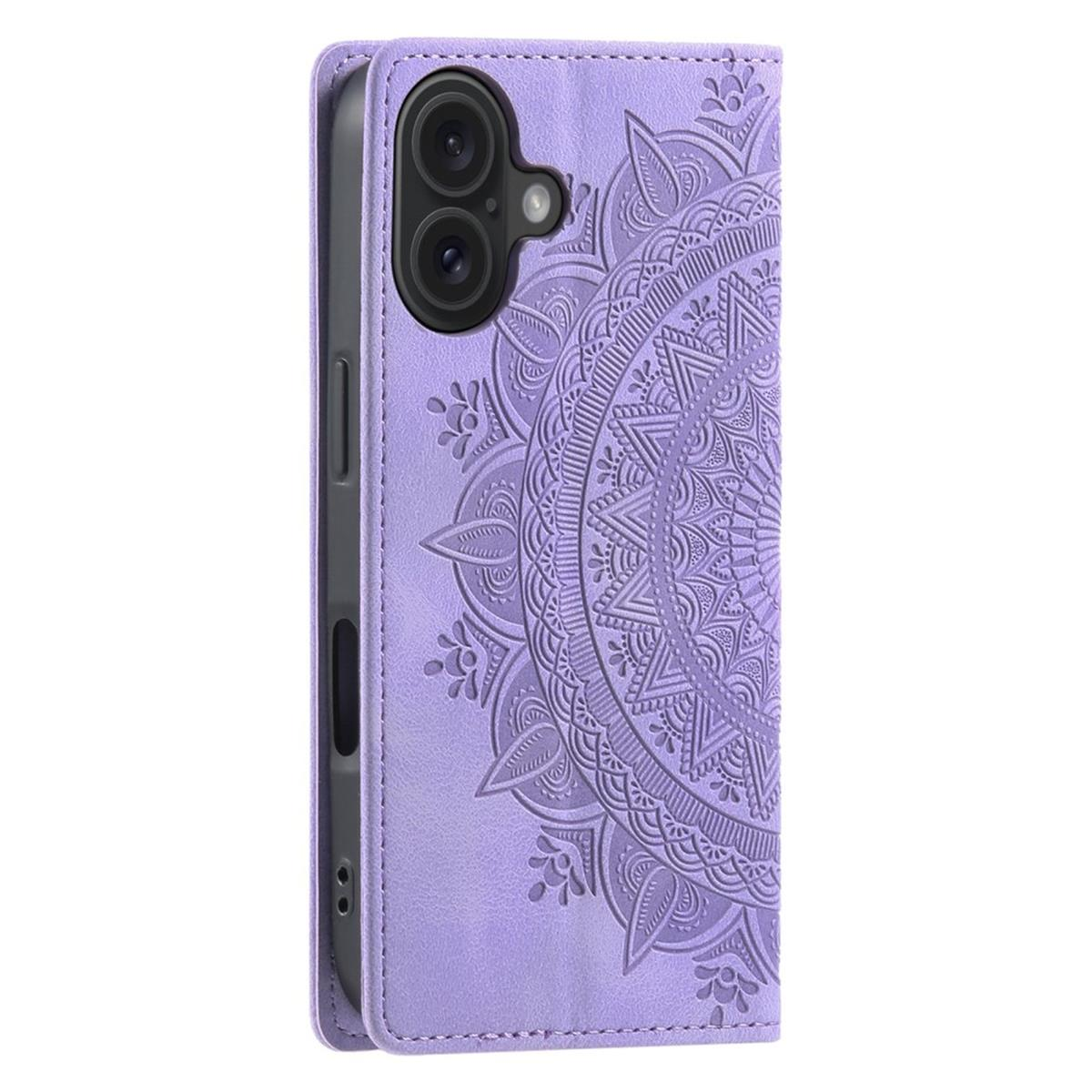 Eine lavendelfarbene Handyhülle mit Mandala-Design. Sie hat einen Kameraausschnitt. Die Hülle ist geschlossen und zeigt das volle Design.
