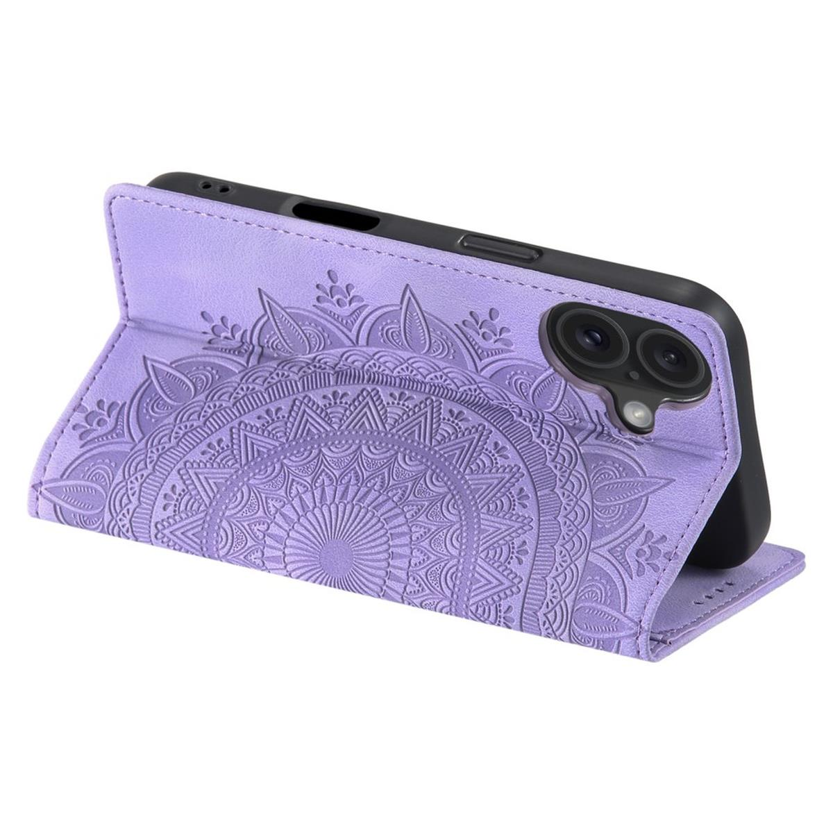 Eine lila Handyhülle, geöffnet, um ein Telefon zu zeigen. Die Hülle hat ein detailliertes Mandala-Design.