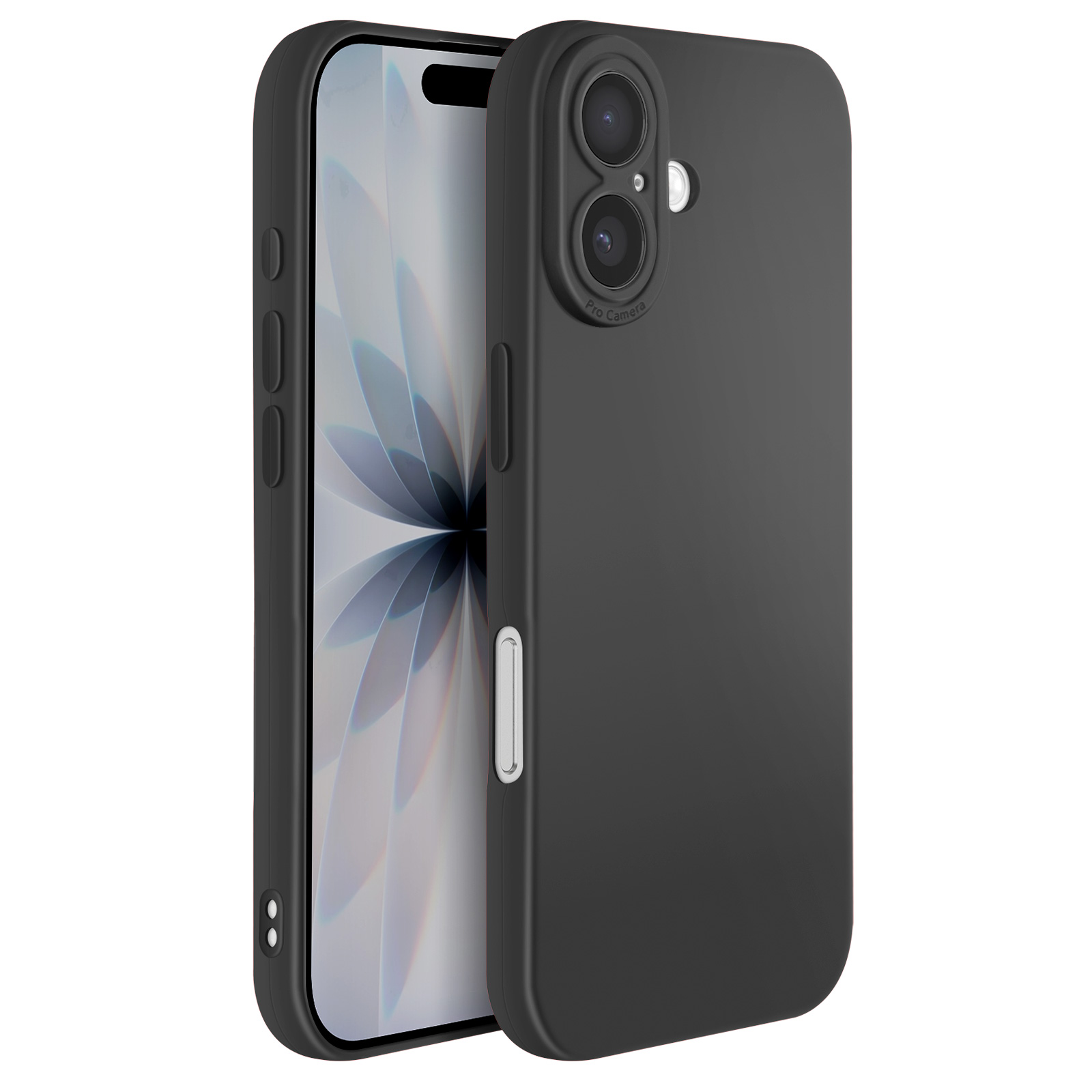 Een zwarte telefoon in een hoesje wordt weergegeven. Het telefoonscherm toont een wit en grijs bloemmotief.