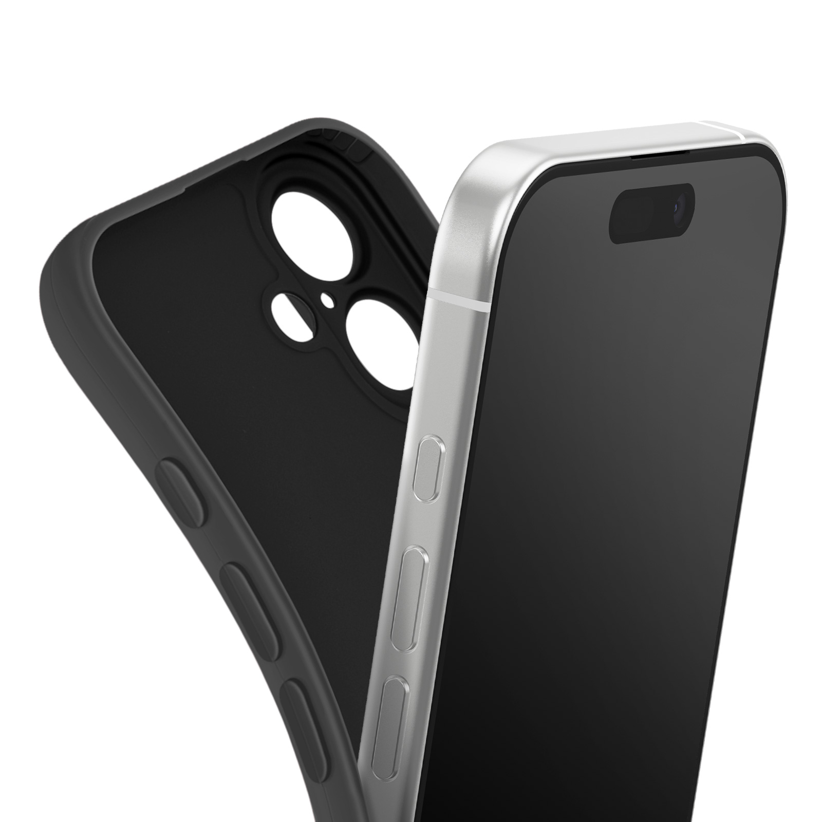 Telefoon met zilveren frame en zwart scherm. Zwarte hoes ernaast open. Witte achtergrond.