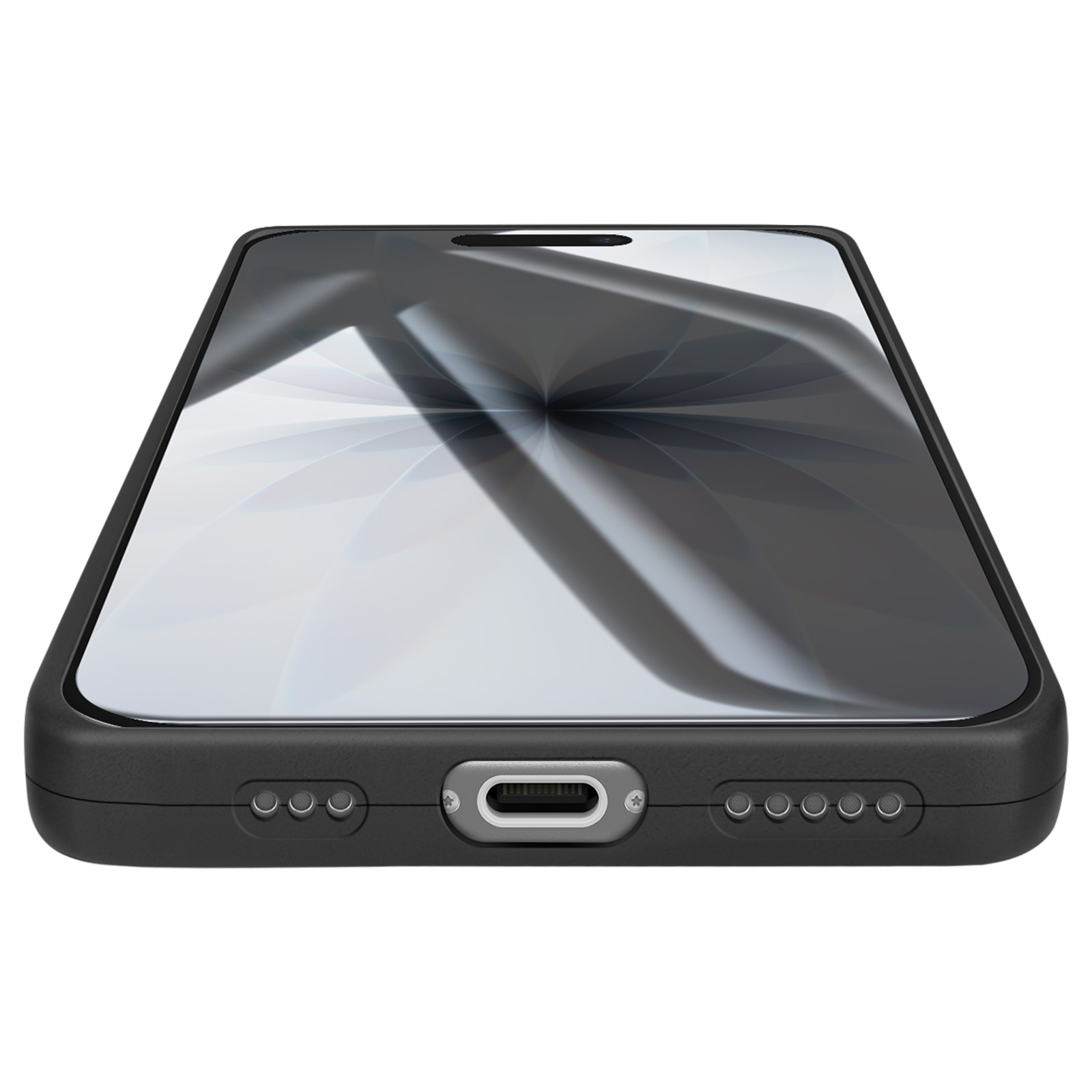 Een zwarte smartphone, iets schuin, met een reflecterend scherm. De onderkant heeft een oplaadpoort en luidsprekers. Witte achtergrond.