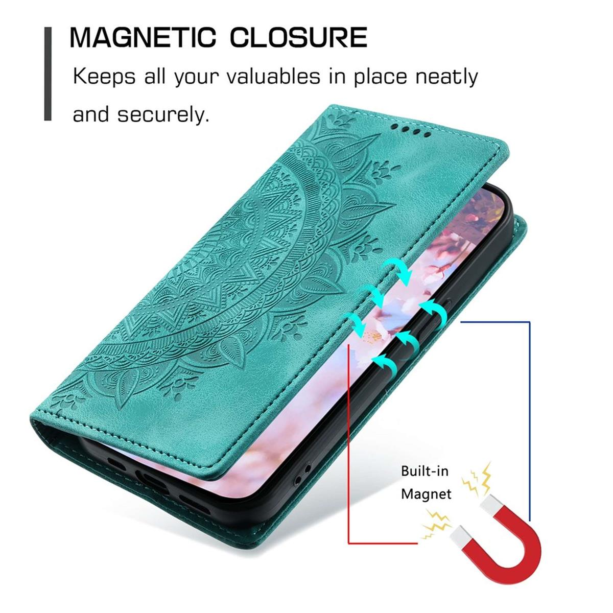 Türkisfarbene Handyhülle mit Mandala-Design, offen, um ein Telefon zu zeigen. Text hebt Magnetverschluss und eingebauten Magneten hervor.