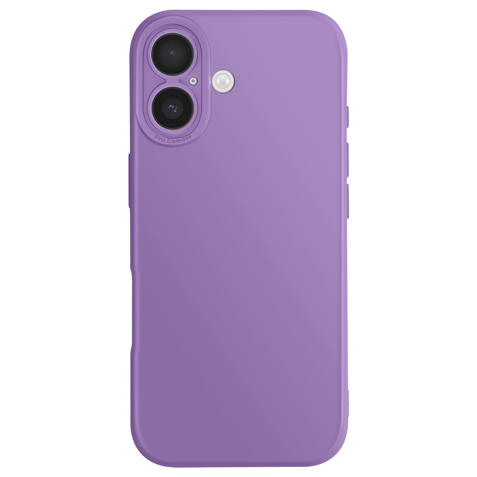 Een paarse telefoonhoes met dubbele cameralenzen en een flitser. Het is tegen een witte achtergrond.